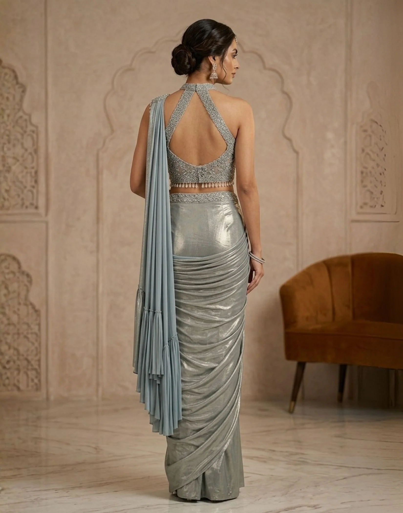 Shadow Mist Jacquard Lycra Pre Draped Saree - Image 2