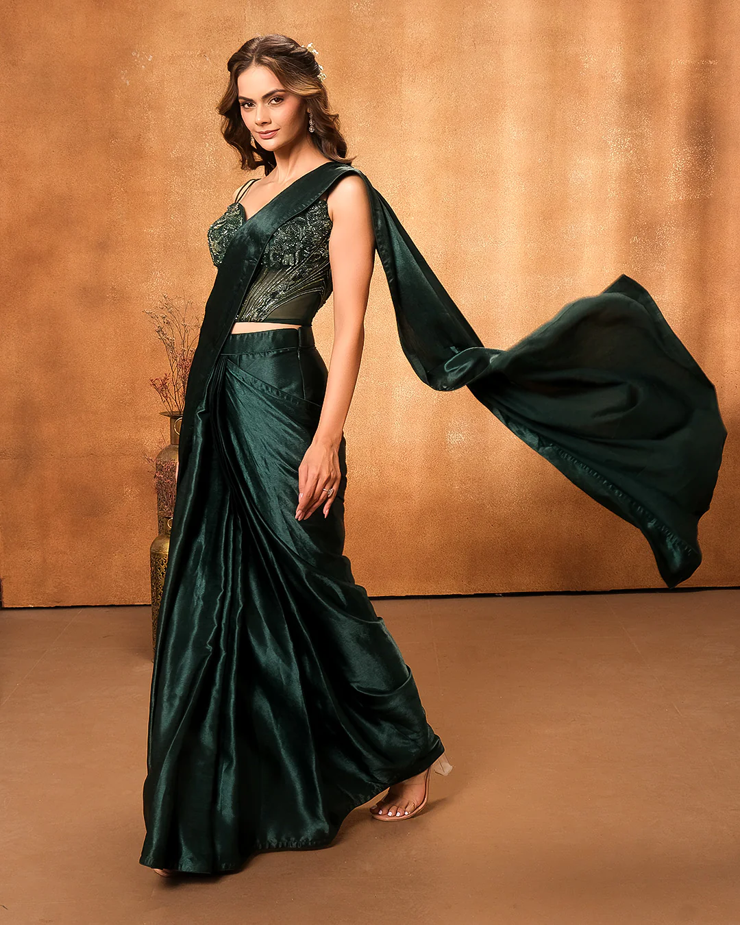 Shining Emerald Pre-Draped Saree With Cocktail Corset Blouse - Image 2