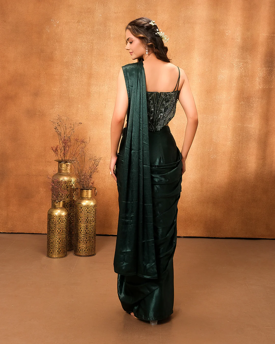 Shining Emerald Pre-Draped Saree With Cocktail Corset Blouse - Image 5