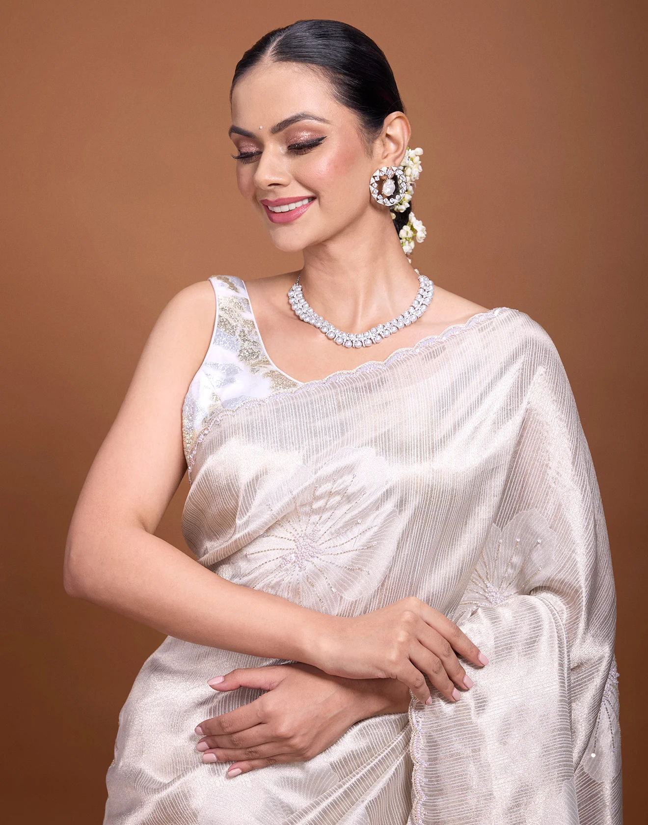 Shining Pearl Grey Embellished Silk Saree - Image 3