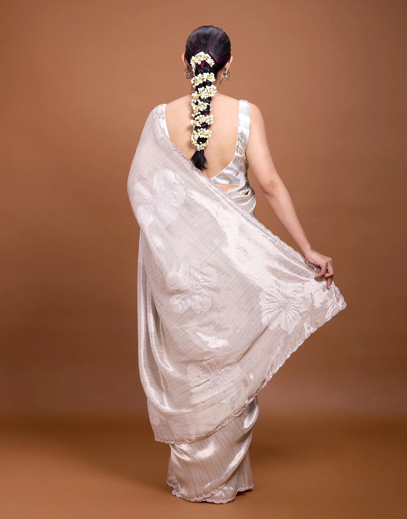 Shining Pearl Grey Embellished Silk Saree - Image 4