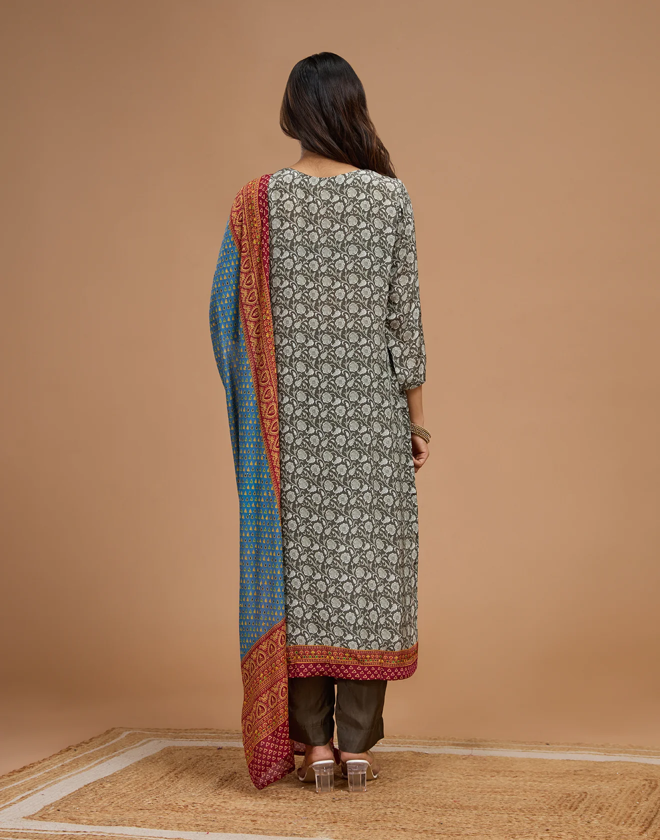 Slate Grey And Turquoise Printed Casual Unstitched Suit Set - Image 6