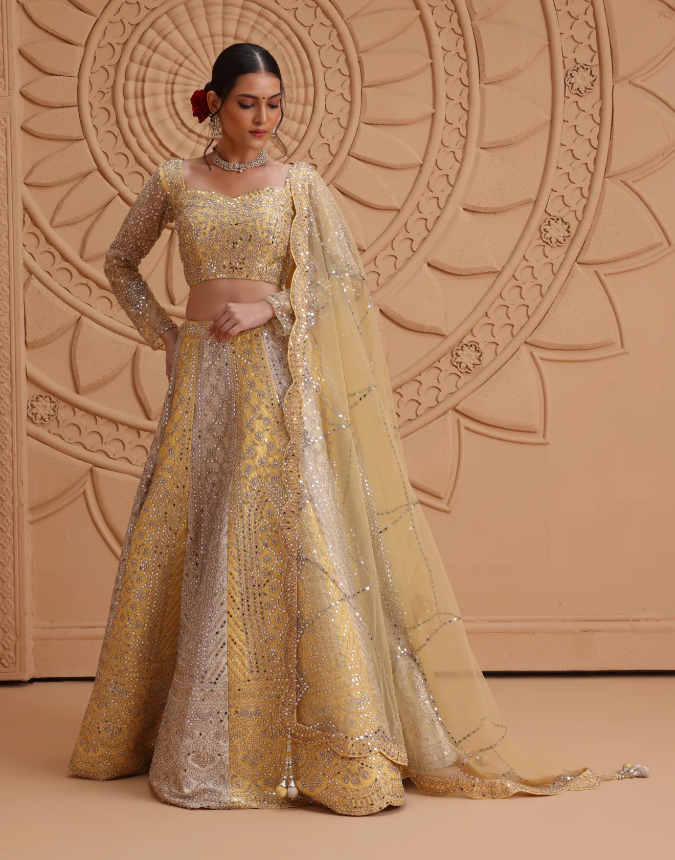 Soft Citrus Mirror Ebellished Raw Silk Bridal Lehenga Set - Image 2