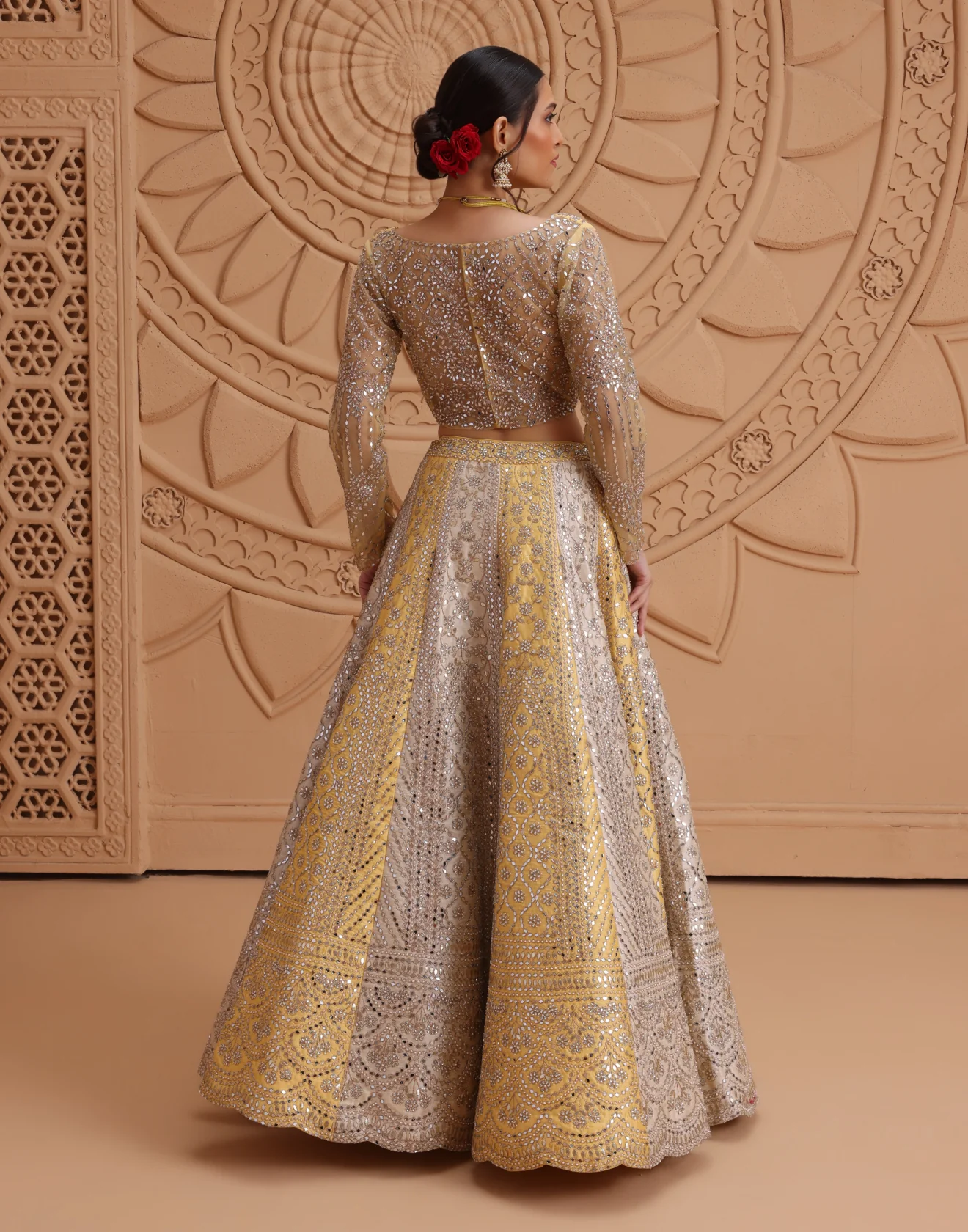 Soft Citrus Mirror Ebellished Raw Silk Bridal Lehenga Set - Image 5