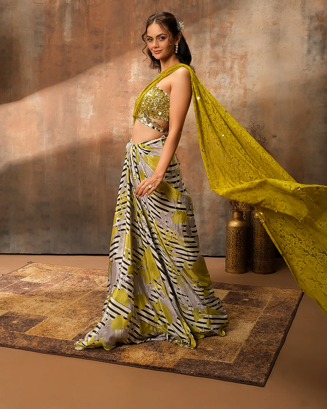 Sorbet Glam Bustier Blouse With Printed pre-Draped Saree - Image 2