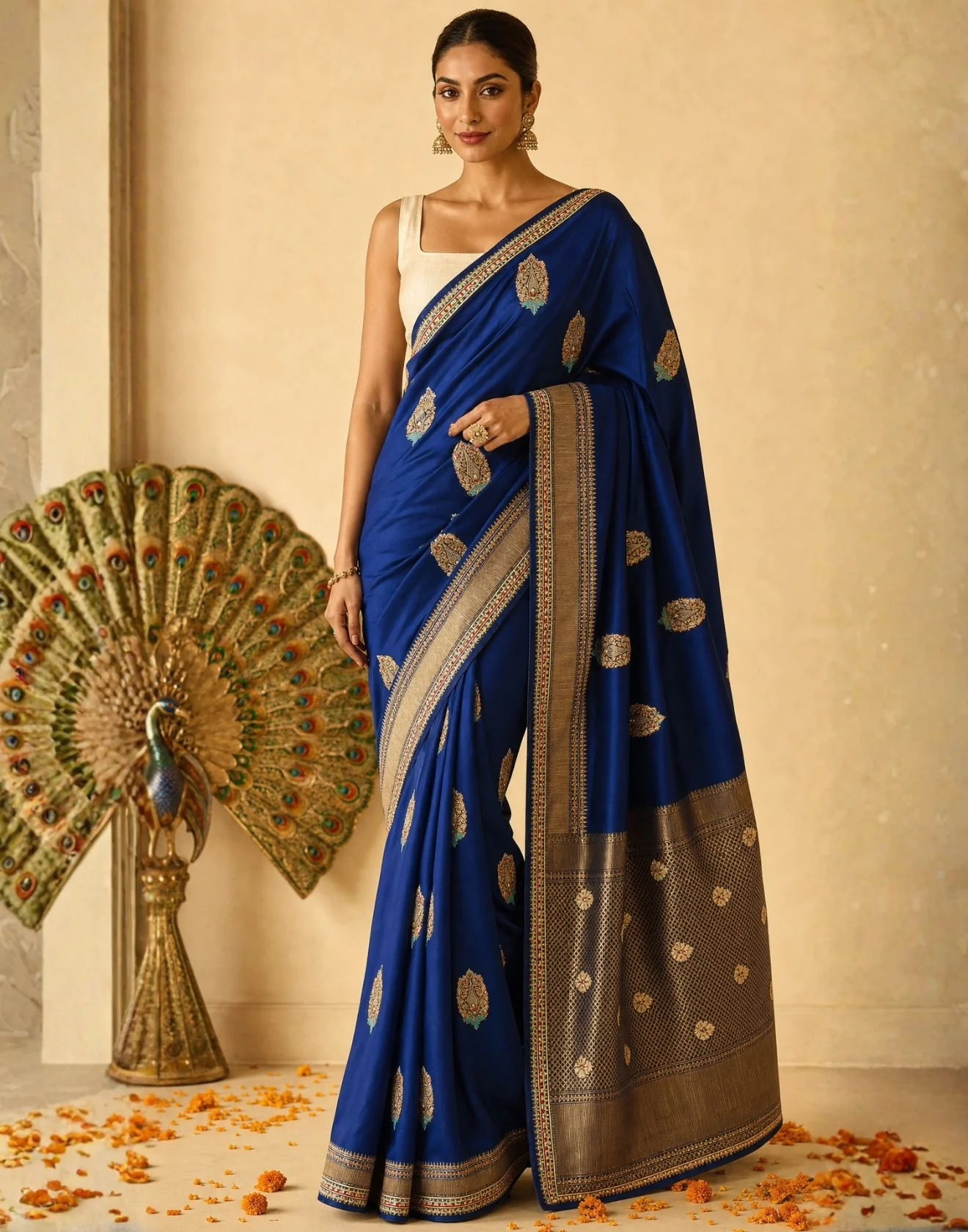 Space Blue Festive Satin Silk Saree With Kundan Embroidery