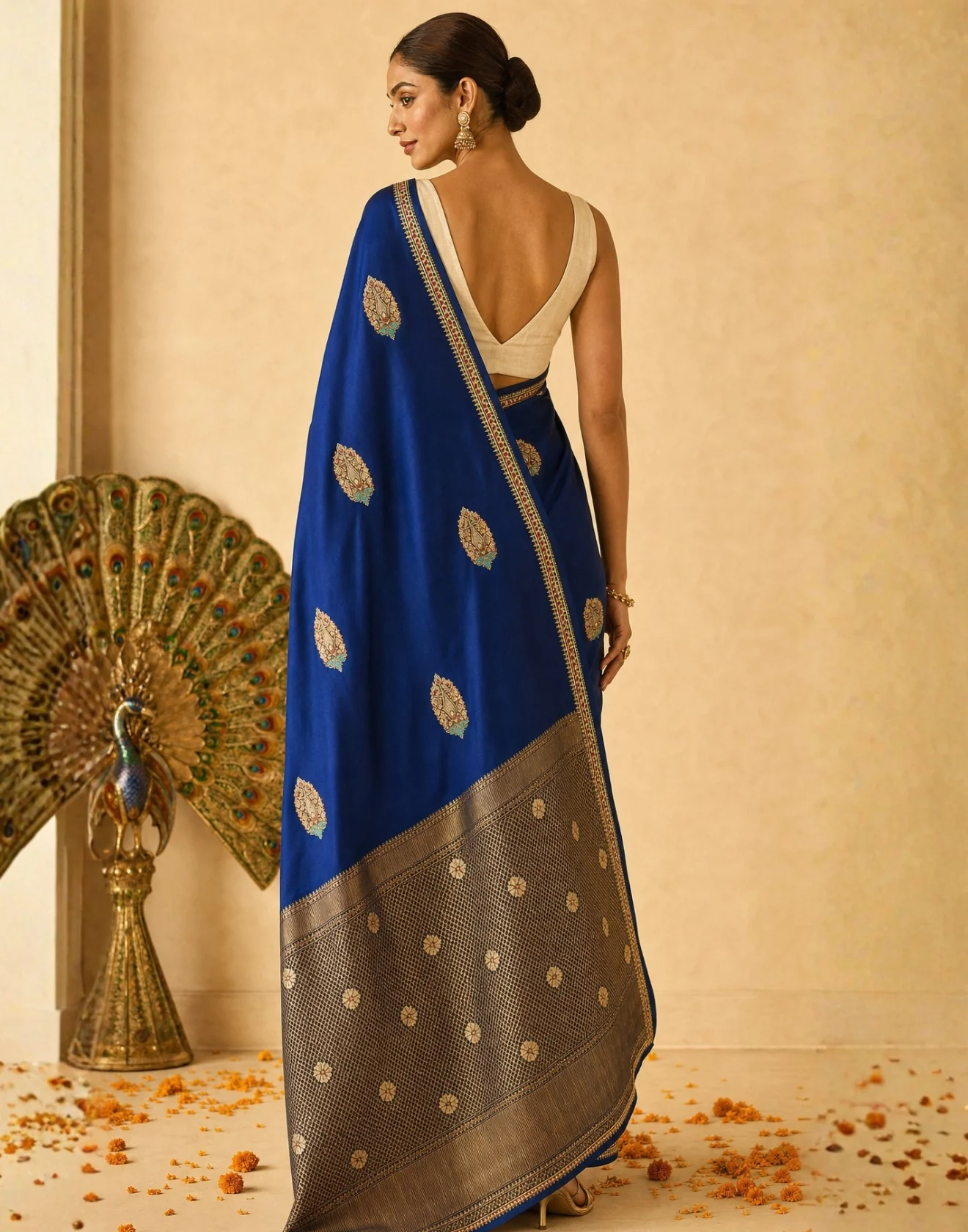 Space Blue Festive Satin Silk Saree With Kundan Embroidery - Image 2