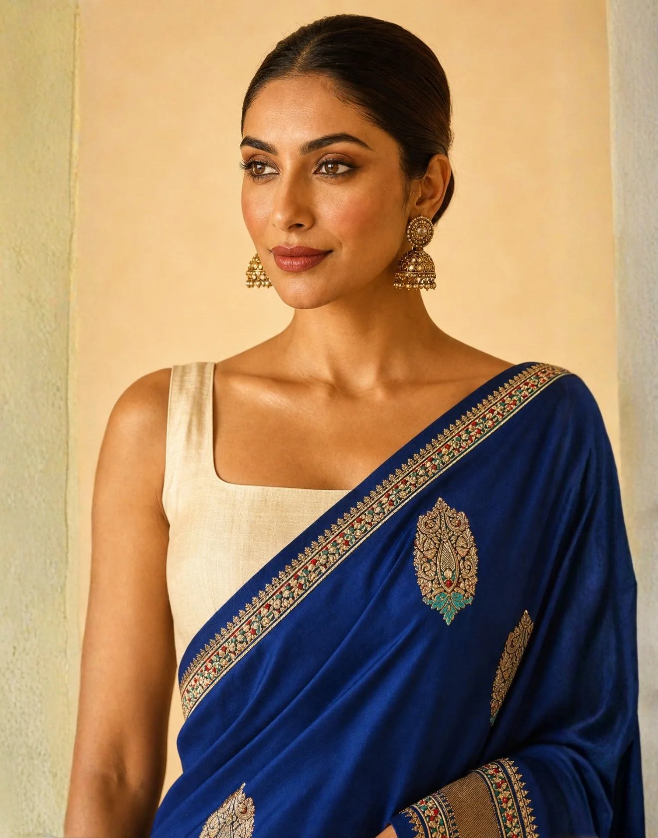 Space Blue Festive Satin Silk Saree With Kundan Embroidery - Image 3