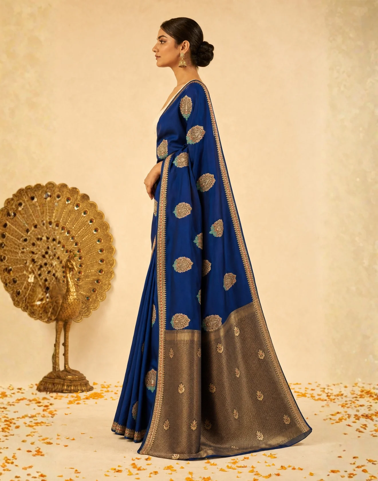 Space Blue Festive Satin Silk Saree With Kundan Embroidery - Image 4