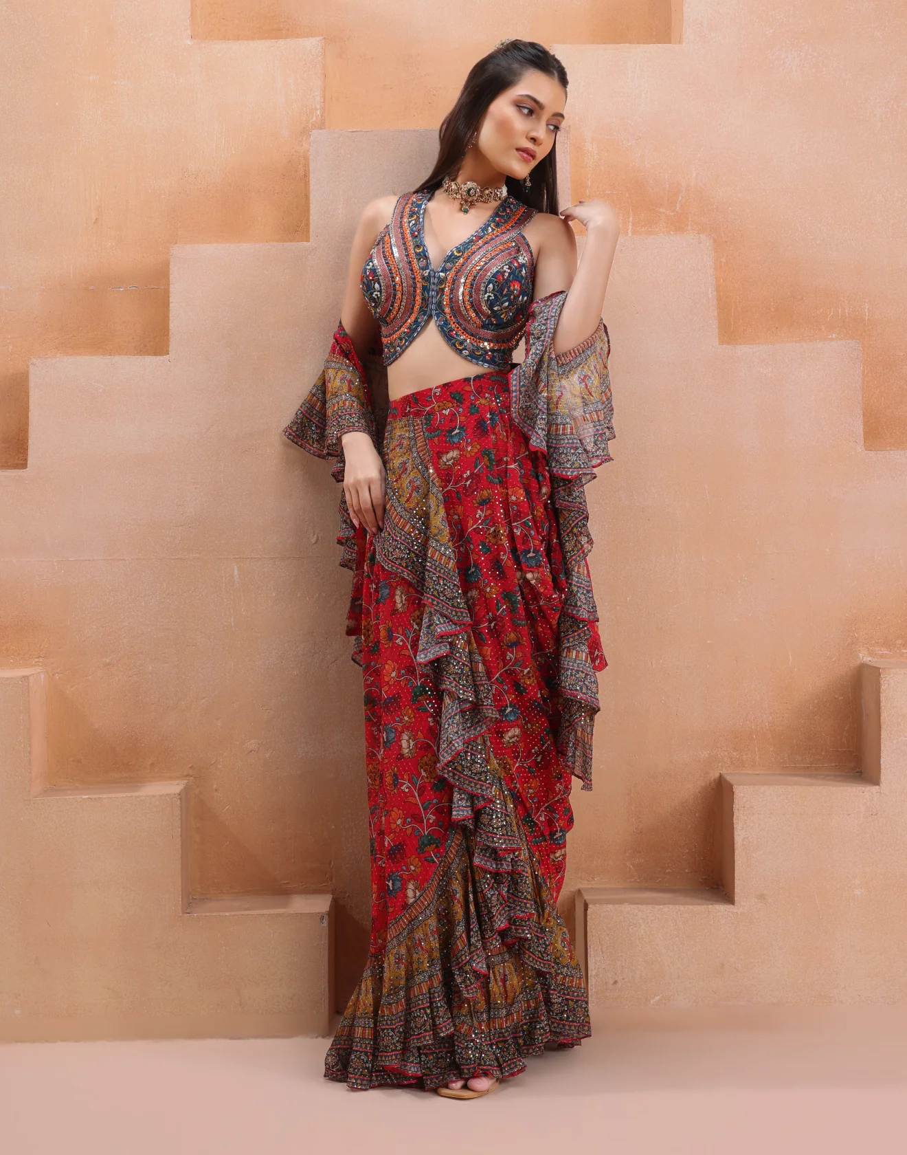 Spicewood Multicolor Ruffle Indo-Western Drape Set