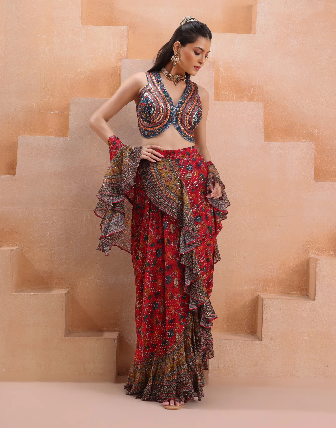 Spicewood Multicolor Ruffle Indo-Western Drape Set - Image 2