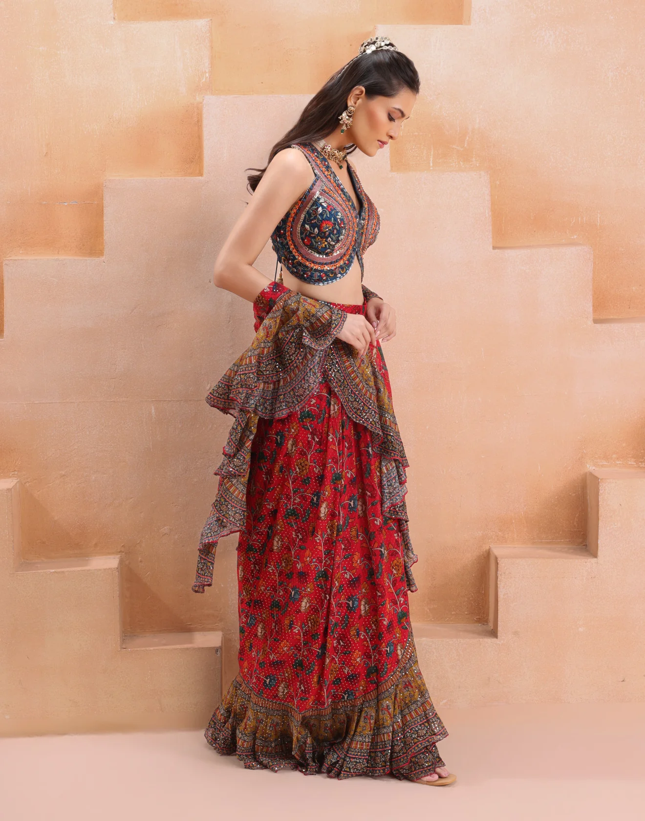 Spicewood Multicolor Ruffle Indo-Western Drape Set - Image 3