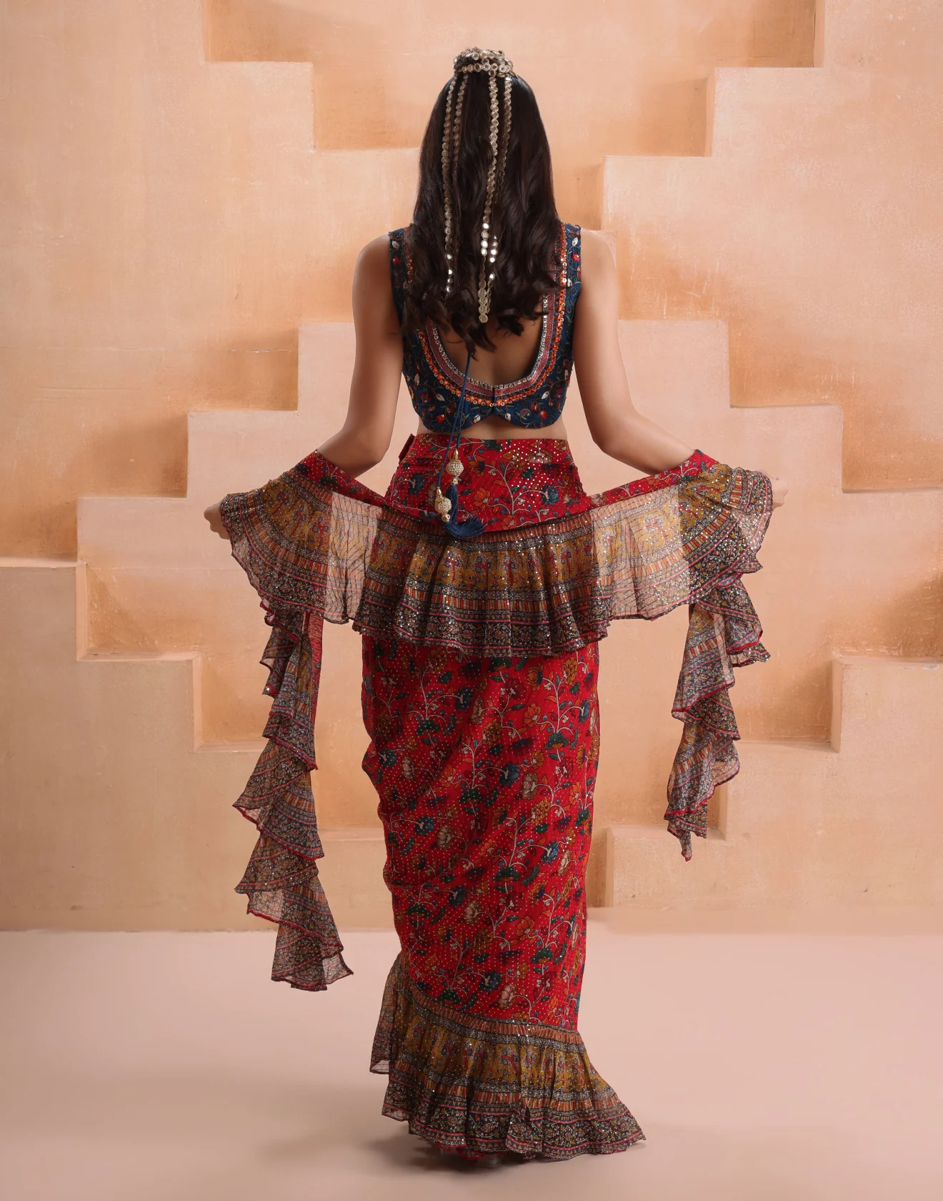 Spicewood Multicolor Ruffle Indo-Western Drape Set - Image 5