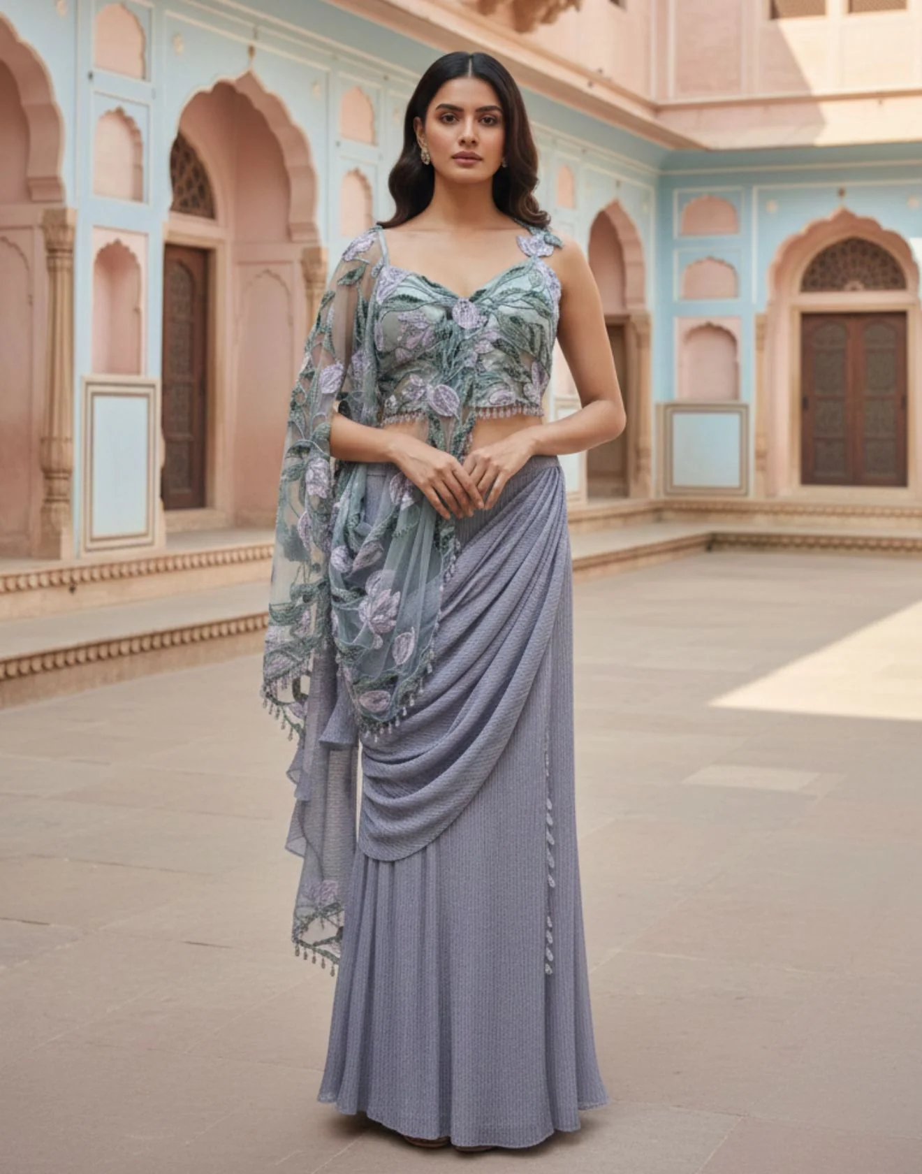 Steel Grey Stretch Lycra Pre-Stitched Saree with Embroidered Net Drape