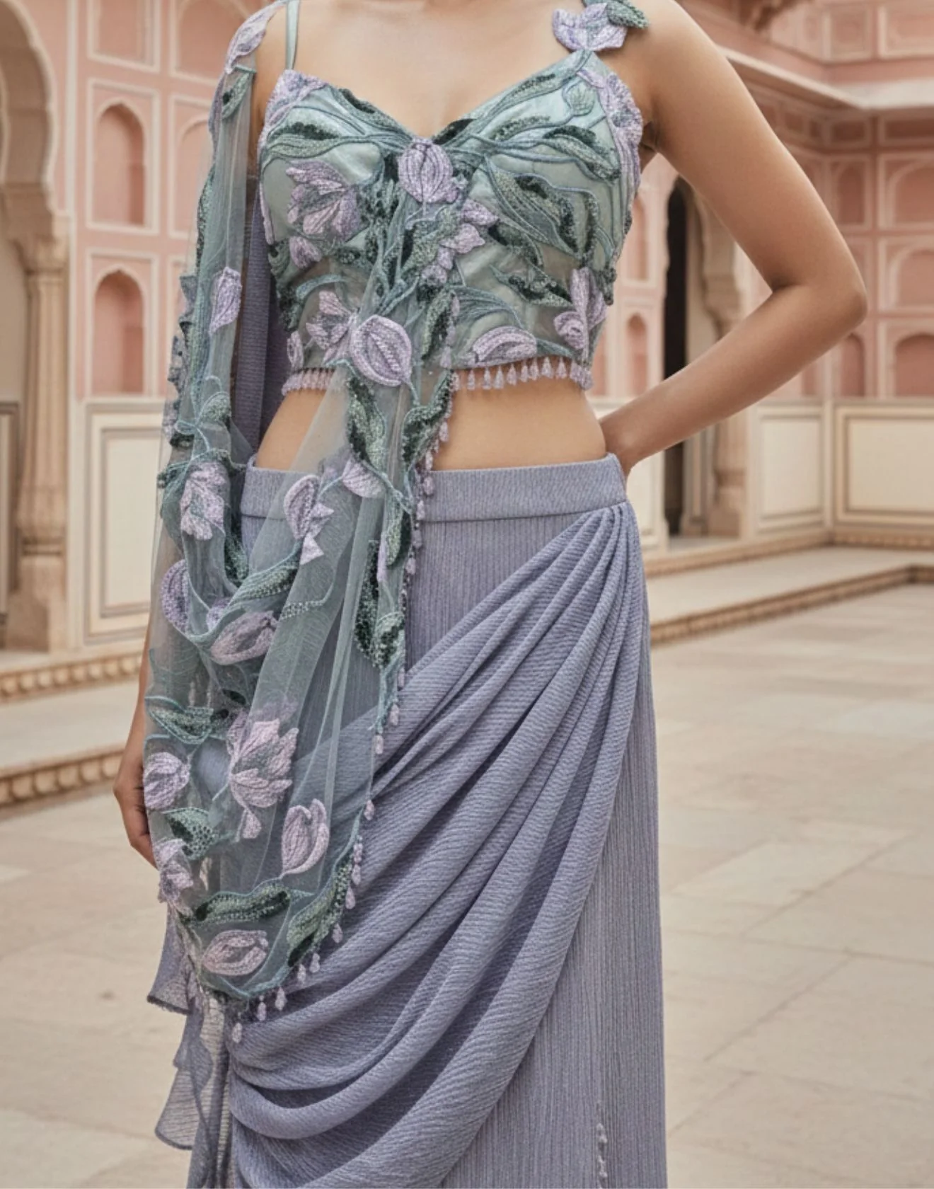 Steel Grey Stretch Lycra Pre-Stitched Saree with Embroidered Net Drape - Image 2