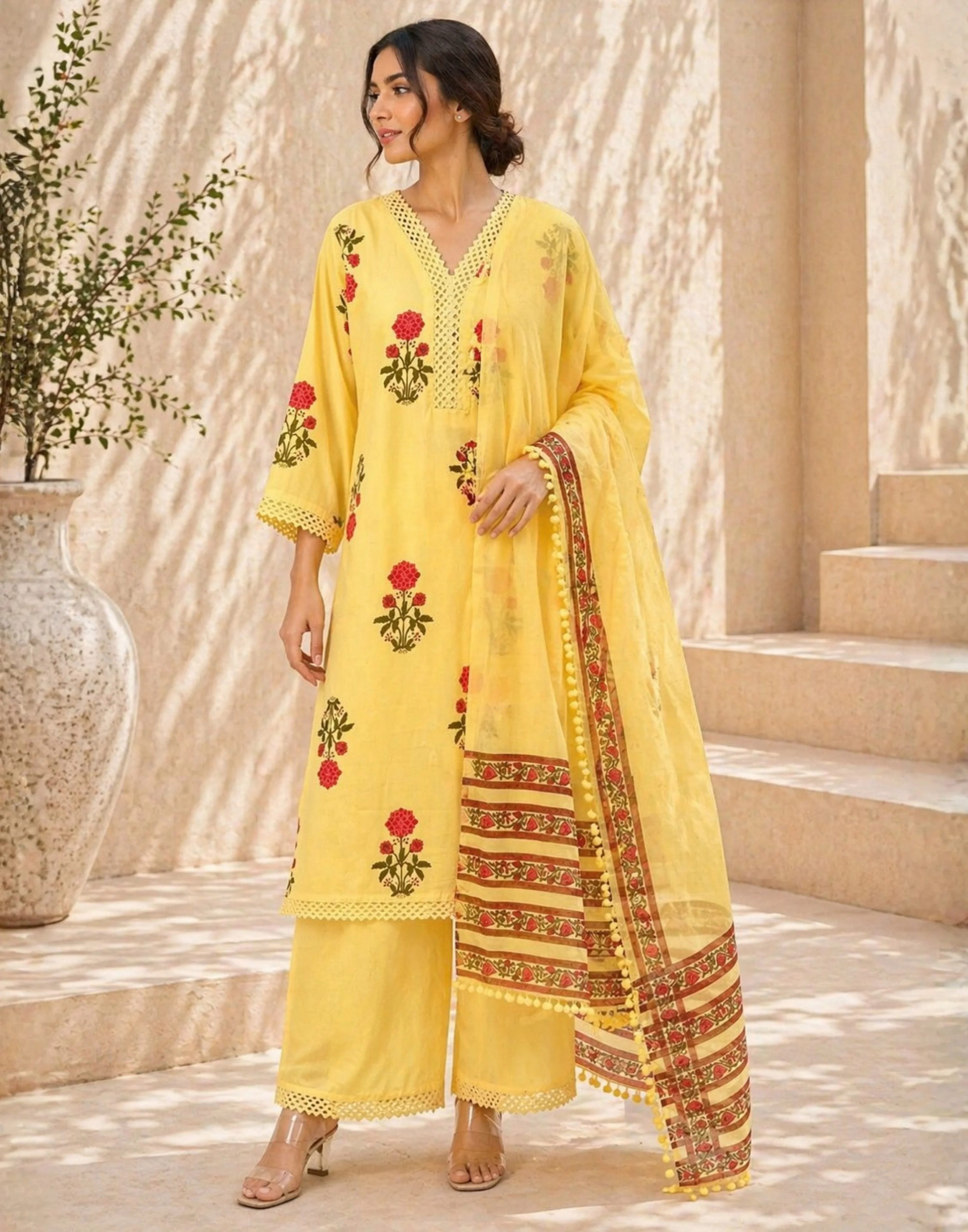 Summer Yellow Kalamkari Printed Casual Wear Kurta Set