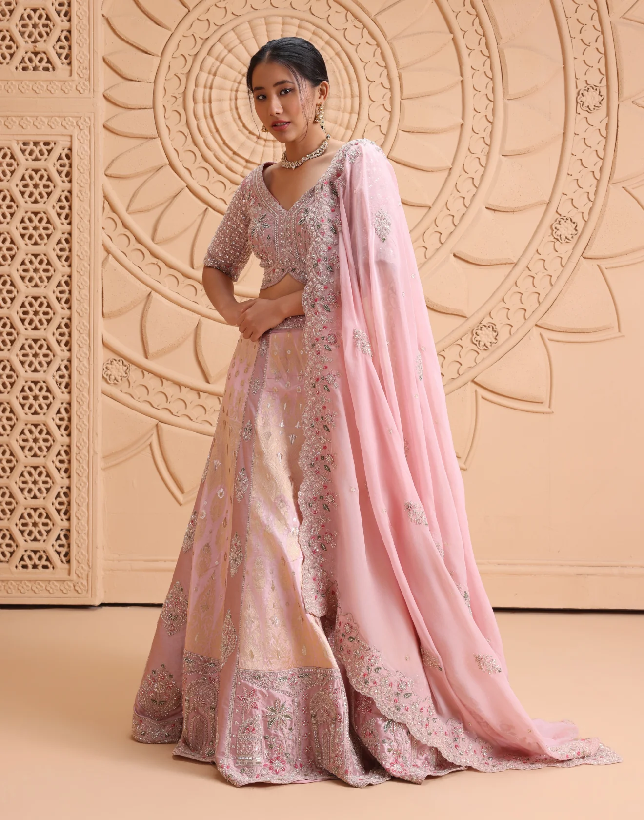 Sundowner Hues Embroidered Brocade Bridal Lehenga Set - Image 2