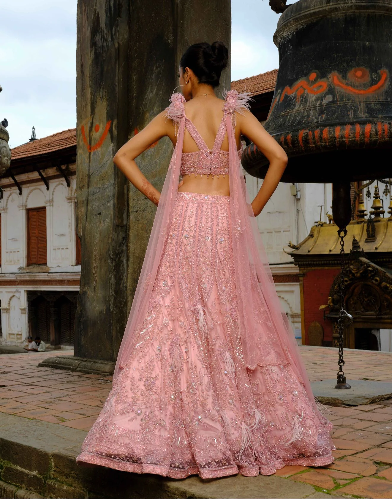 Sunkissed Coral Pink Cocktail Lehenga With Attached Dupatta Drape - Image 3