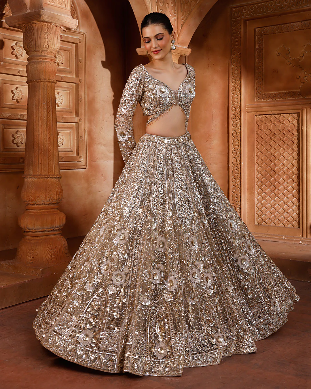 Sunlit Bronze Embellished Bridal Lehenga For Sangeet - Image 3