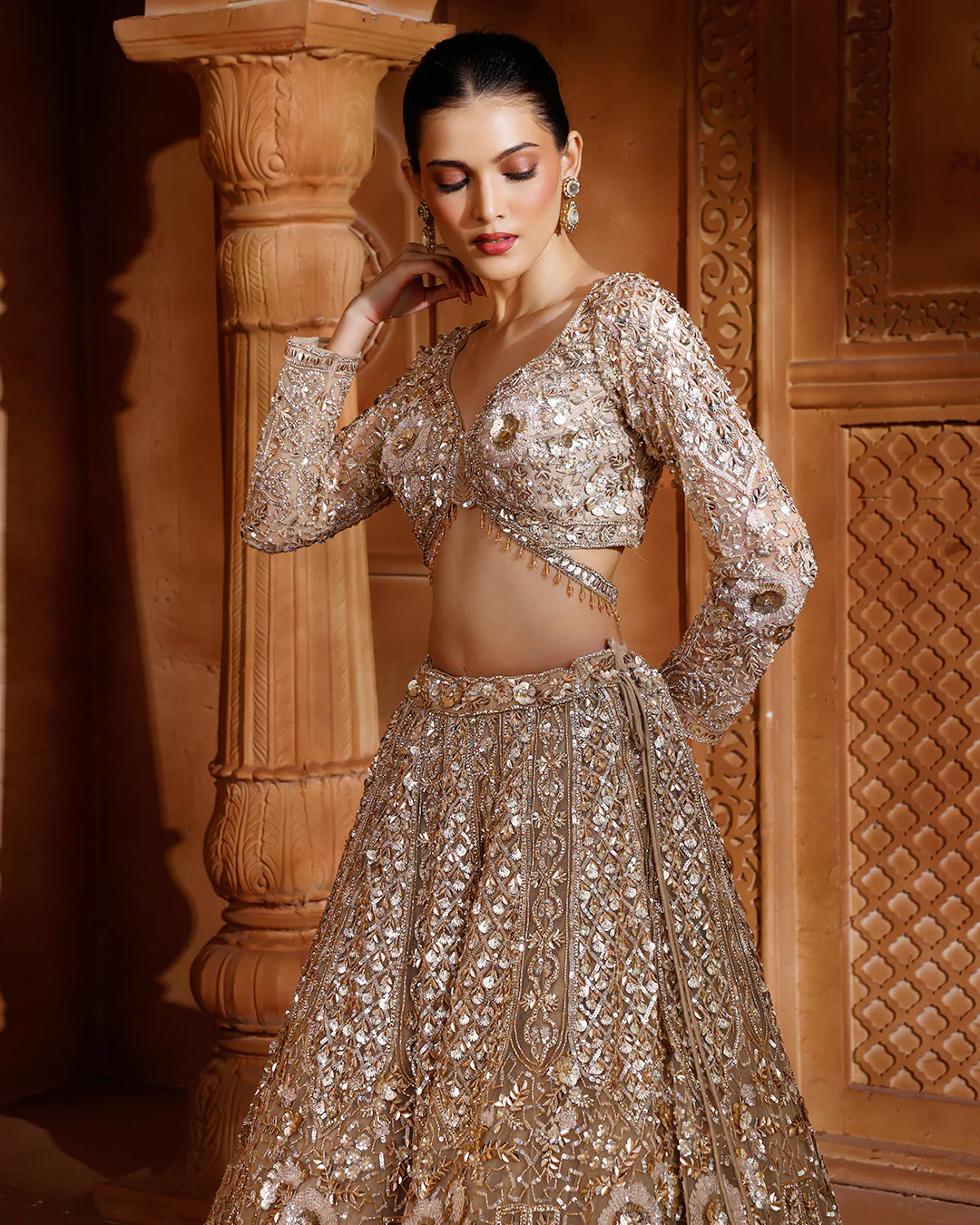 Sunlit Bronze Embellished Bridal Lehenga For Sangeet - Image 4