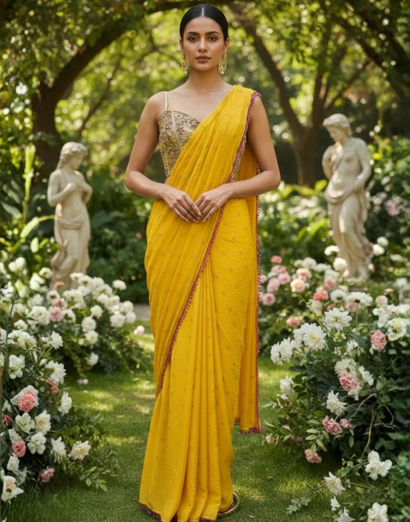 Nidhhi Tapadiaa X Roopkala Sunlit Mustard Pre-Stitched Saree With Hand Embroidered Corset Blouse