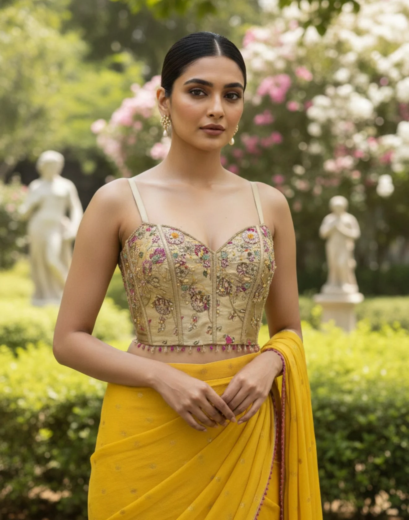 Nidhhi Tapadiaa X Roopkala Sunlit Mustard Pre-Stitched Saree With Hand Embroidered Corset Blouse - Image 3