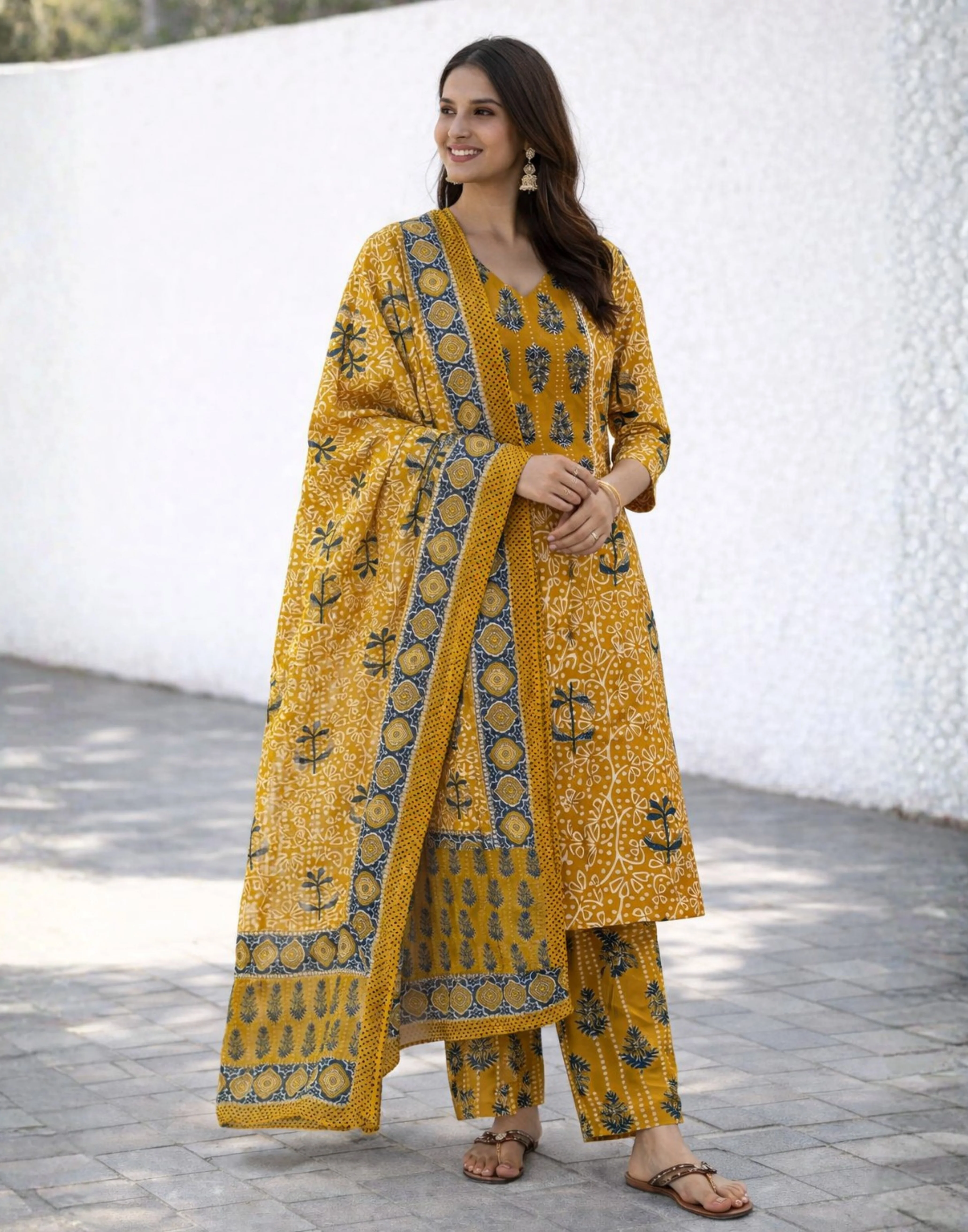 Sunny Mustard Printed Cotton Straight Fit Kurta Set