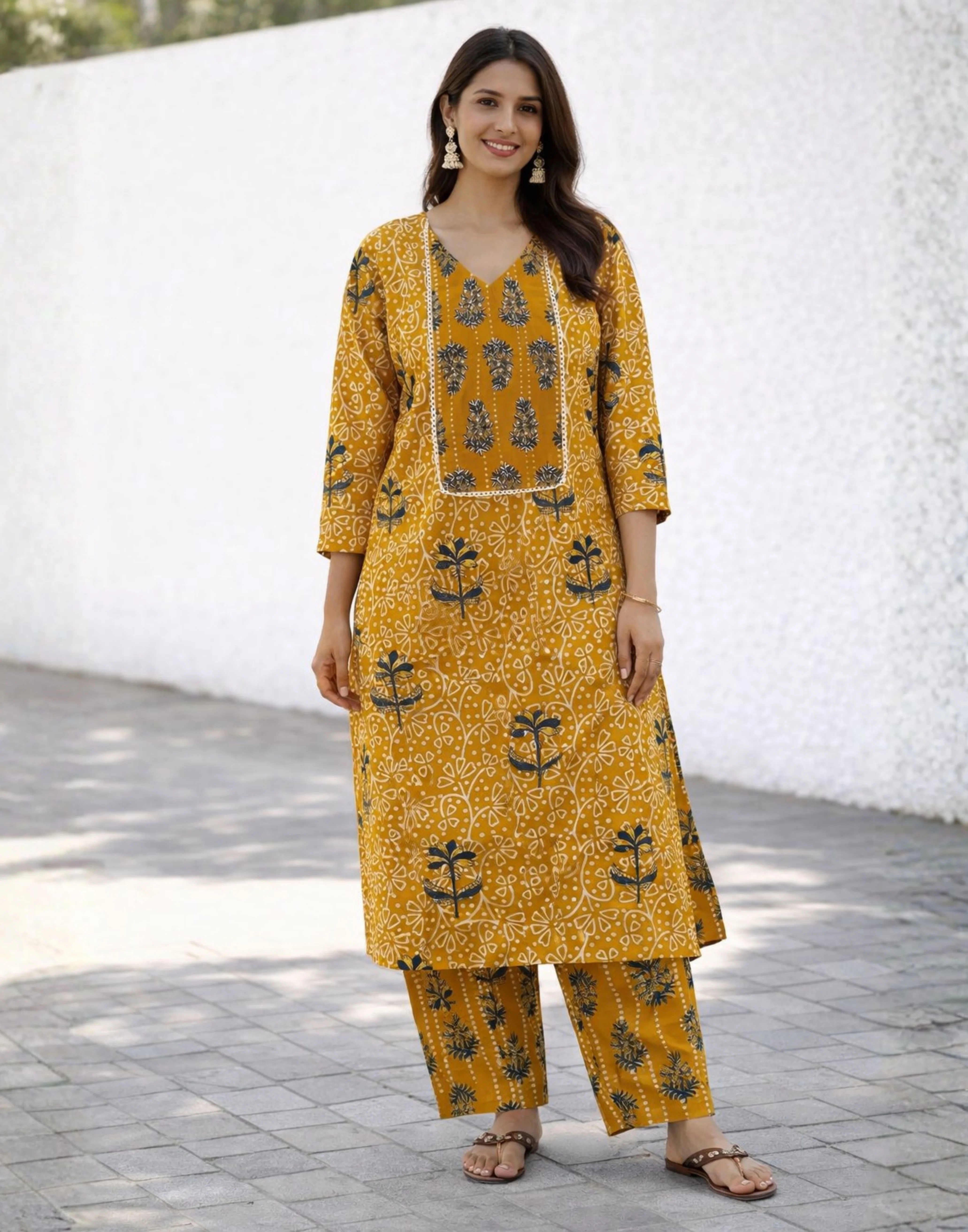 Sunny Mustard Printed Cotton Straight Fit Kurta Set - Image 2