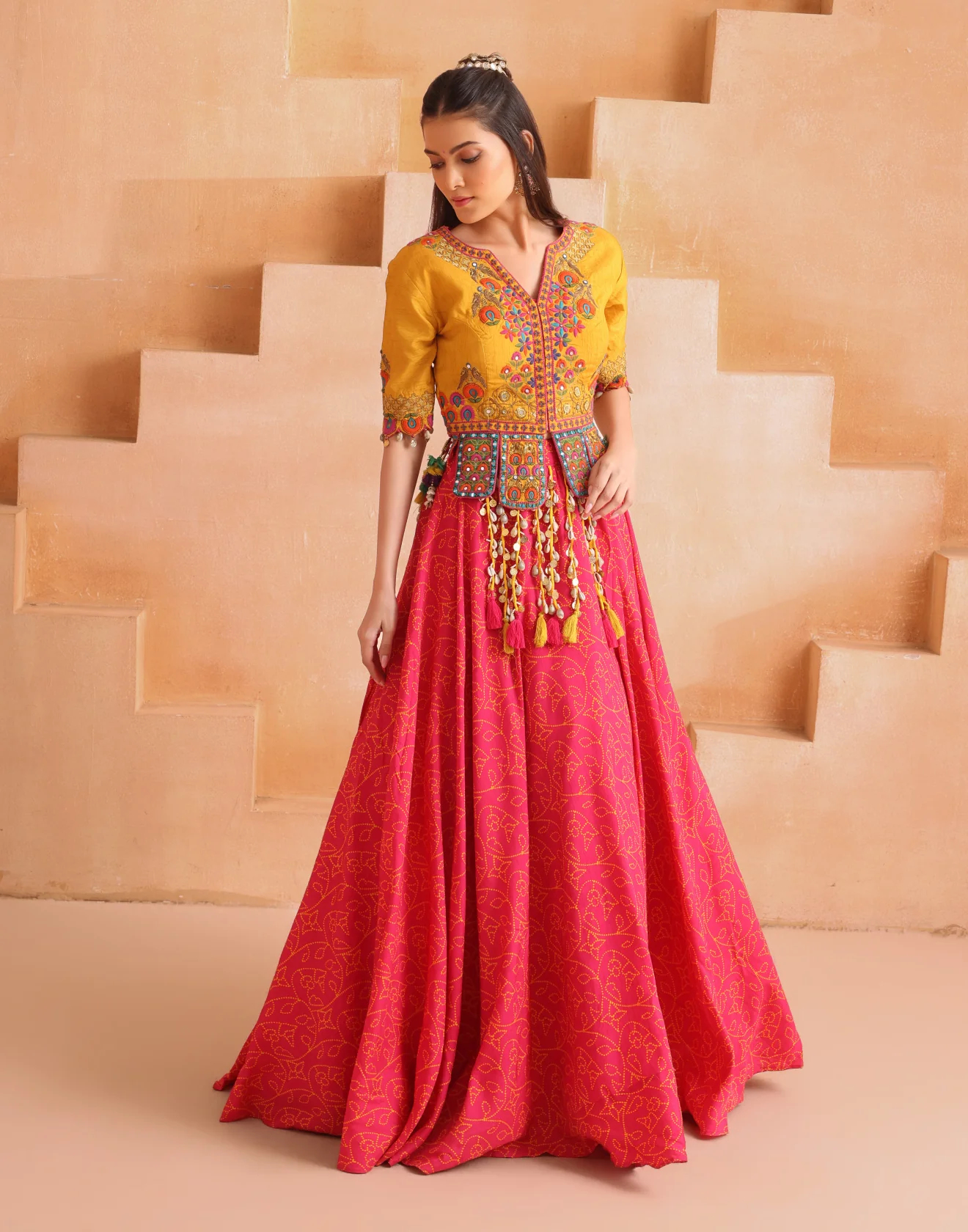 Sunny Yellow And Pink Bandhej Fusion Lehenga Set
