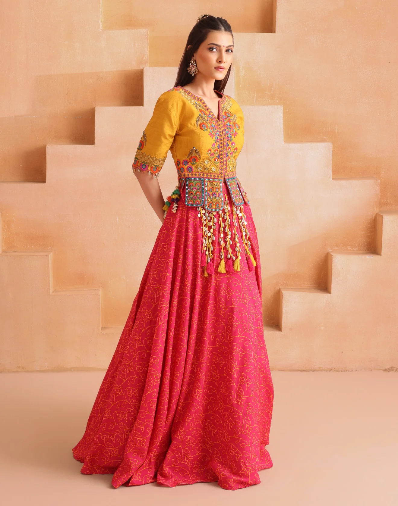 Sunny Yellow And Pink Bandhej Fusion Lehenga Set - Image 2