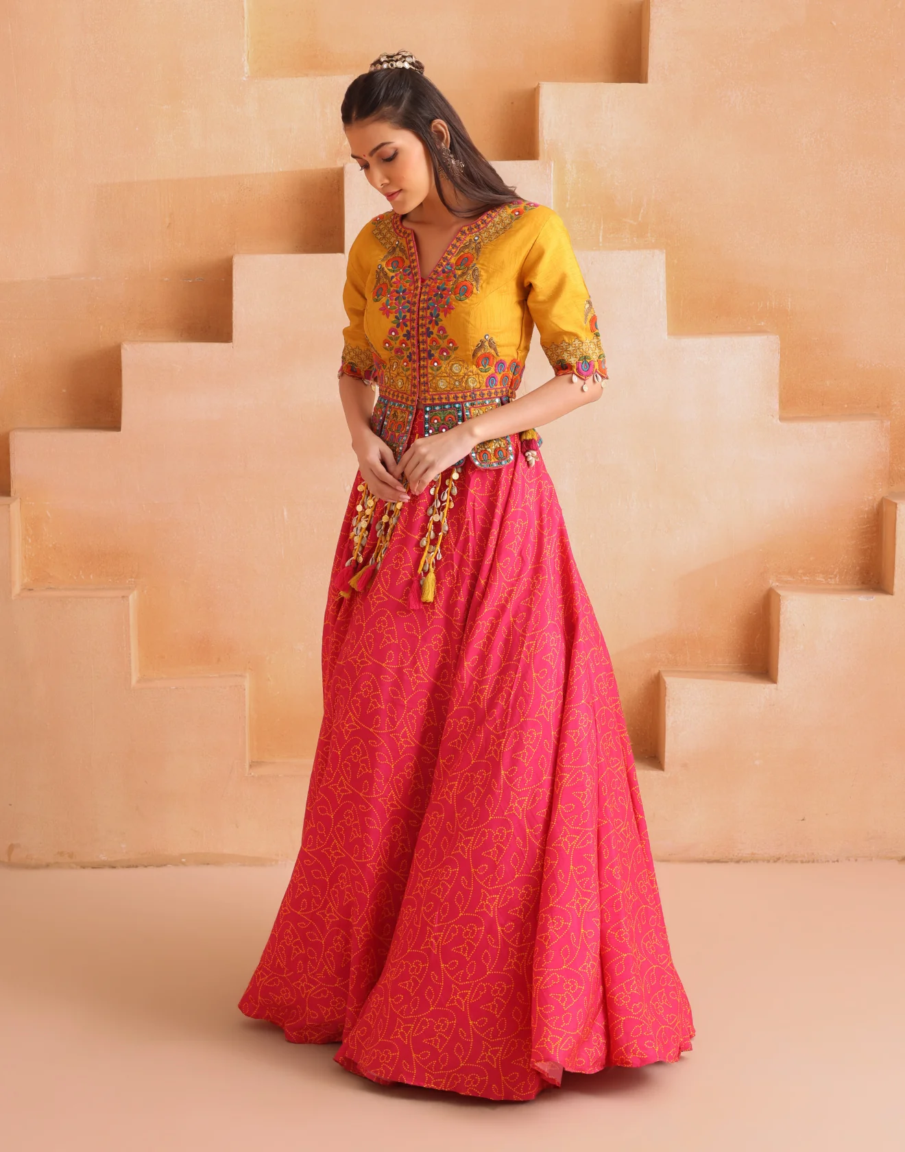 Sunny Yellow And Pink Bandhej Fusion Lehenga Set - Image 3