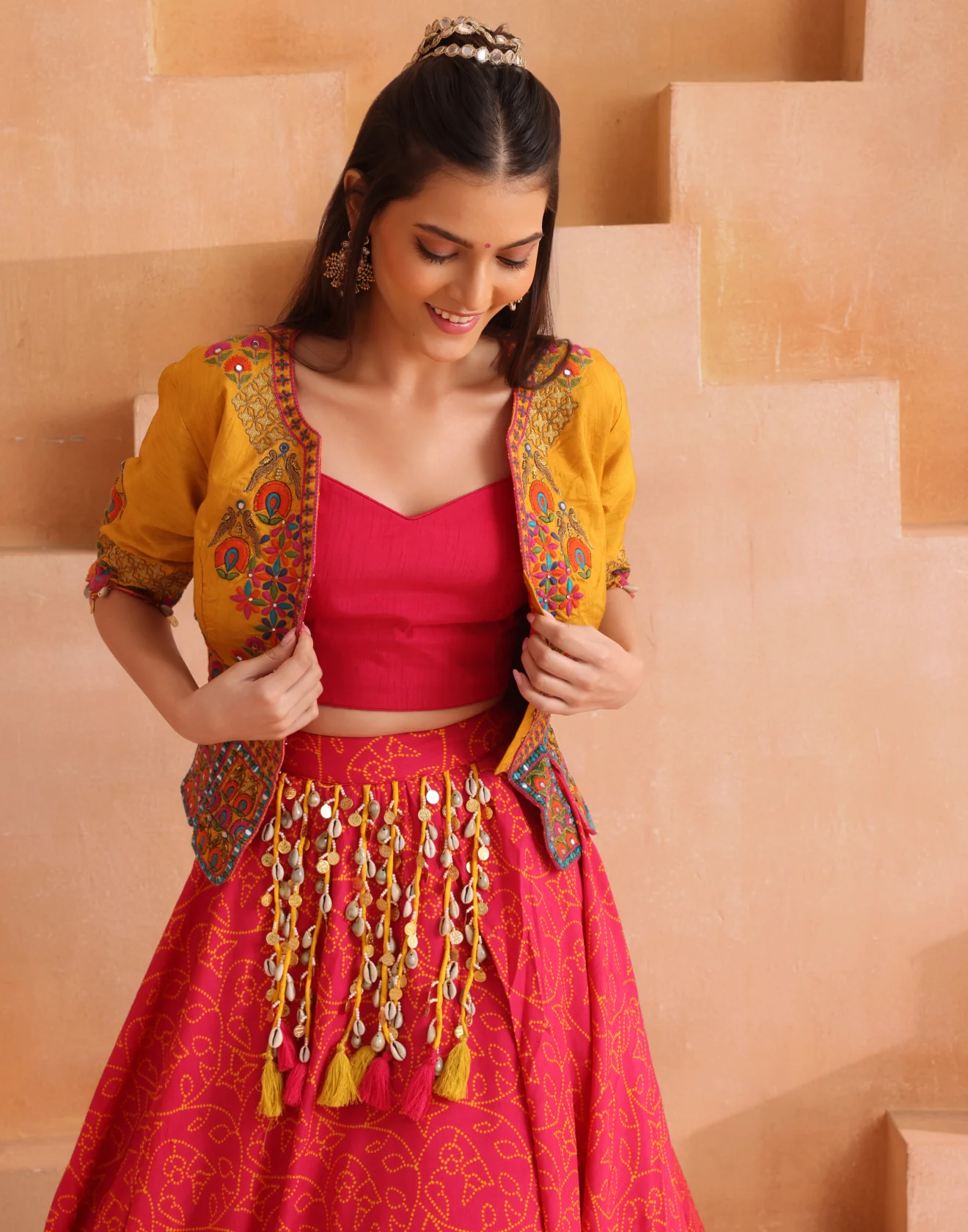 Sunny Yellow And Pink Bandhej Fusion Lehenga Set - Image 4