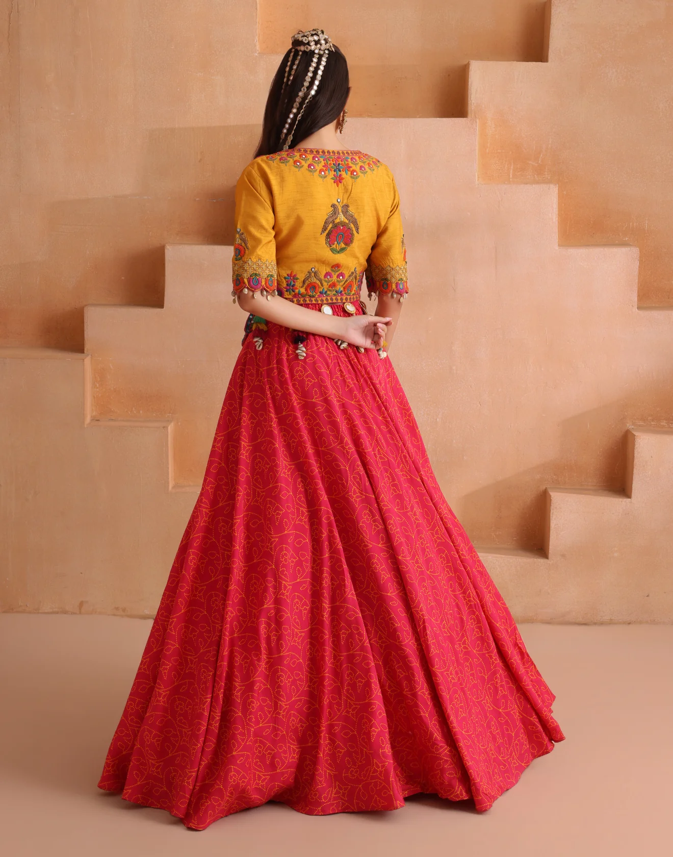 Sunny Yellow And Pink Bandhej Fusion Lehenga Set - Image 5