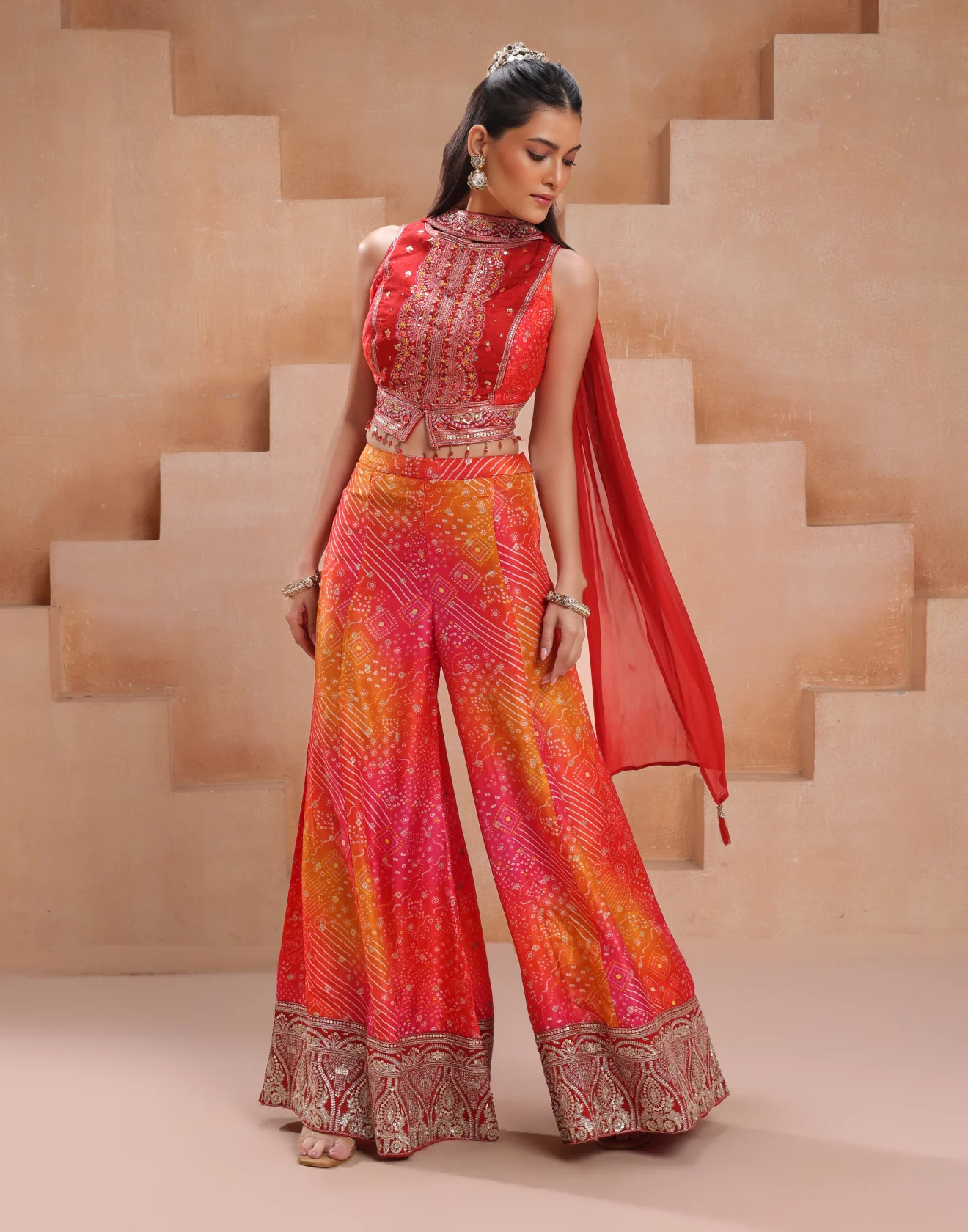Sunrays Hue Bandhej Print With Embellished Indo-Western Palazzo Set