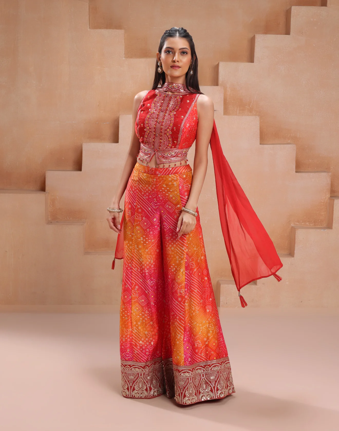 Sunrays Hue Bandhej Print With Embellished Indo-Western Palazzo Set - Image 2