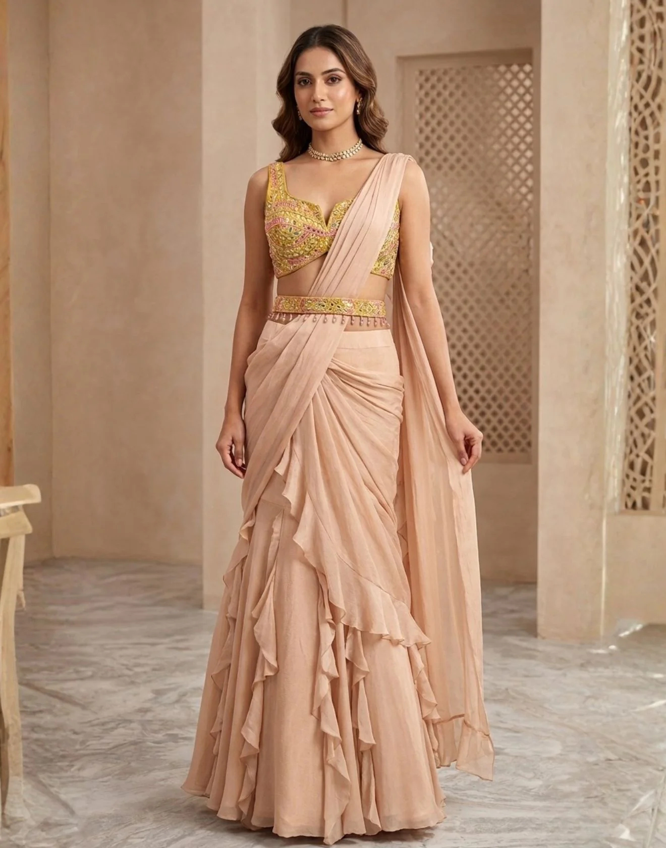 Sunset Pearl BlushRuffle Pre-Stitched Saree With Cocktail Blouse