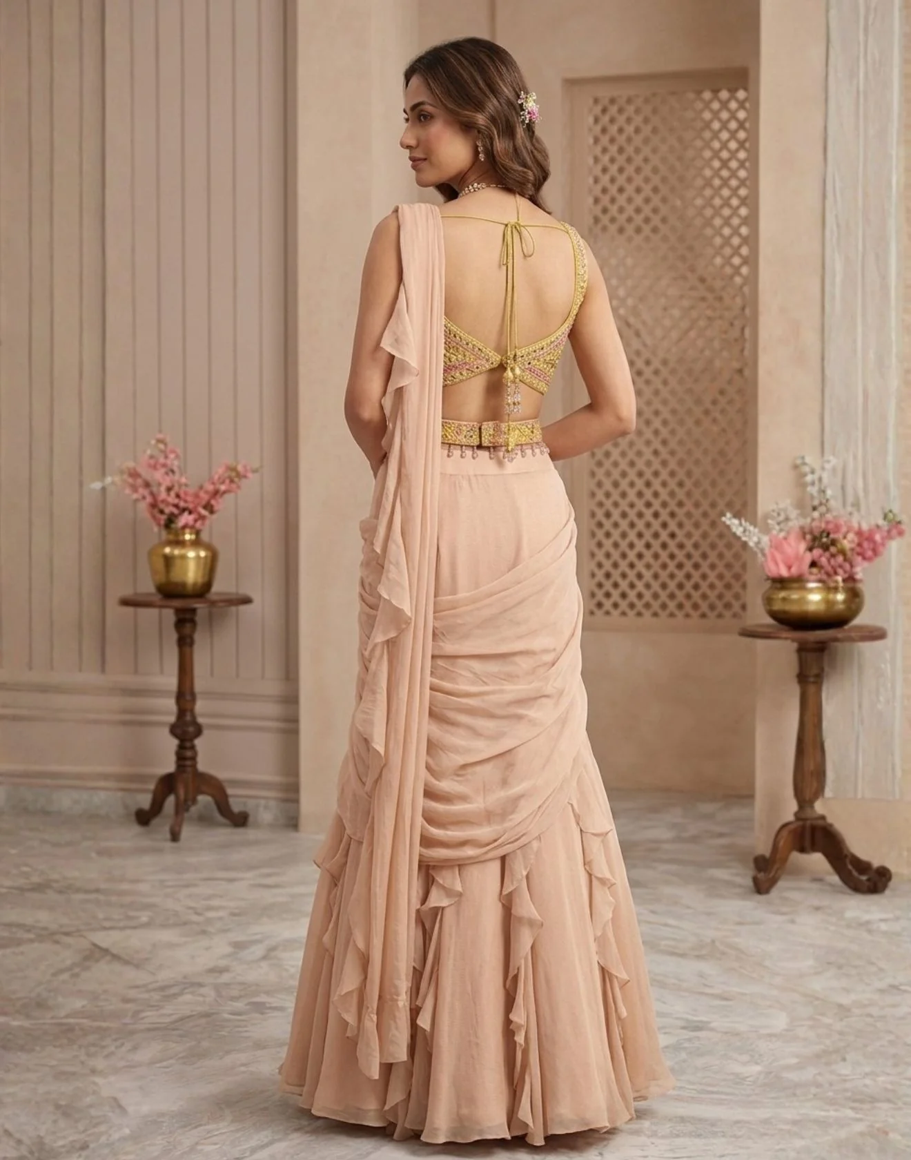 Sunset Pearl BlushRuffle Pre-Stitched Saree With Cocktail Blouse - Image 4