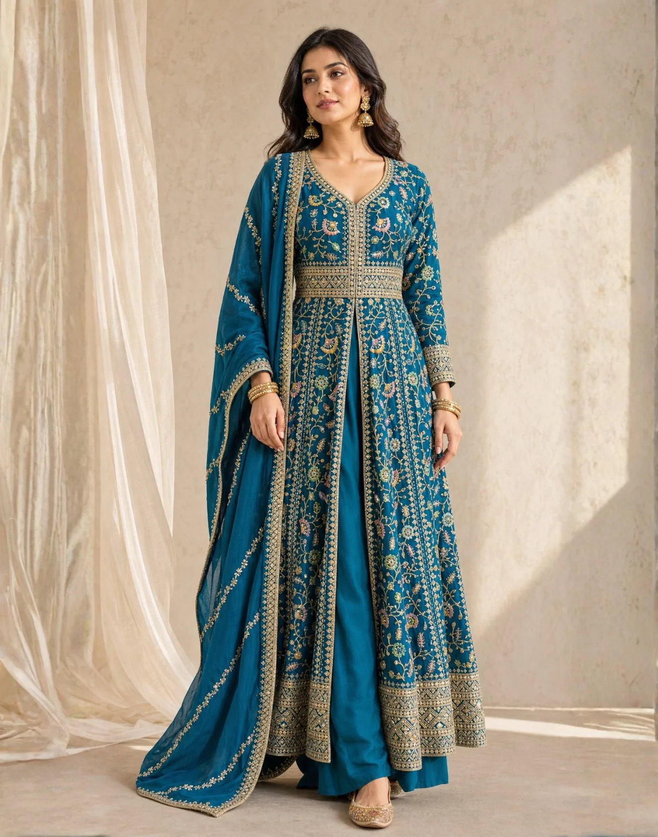 Teal Elegance Thread Embroidered Anarkali Suit Set