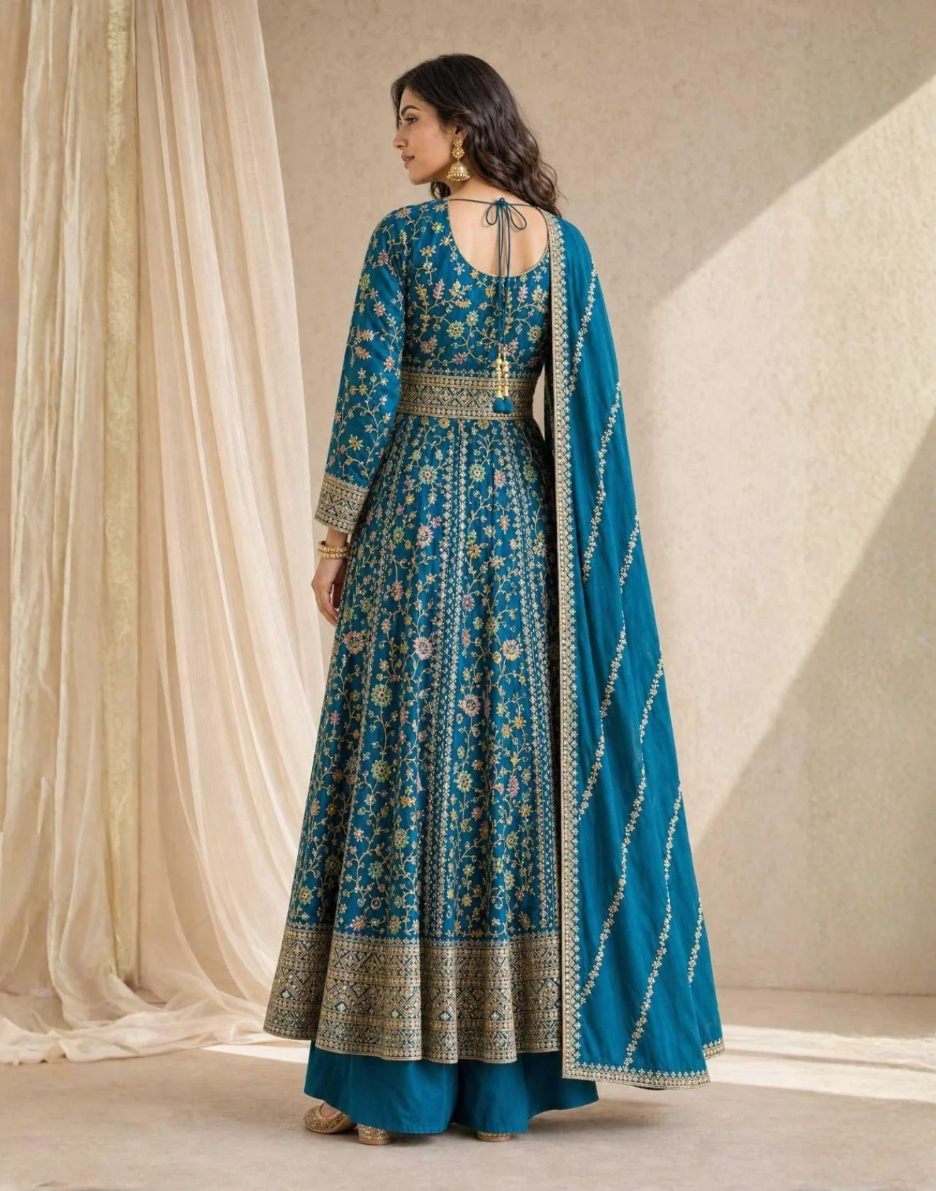Teal Elegance Thread Embroidered Anarkali Suit Set - Image 2