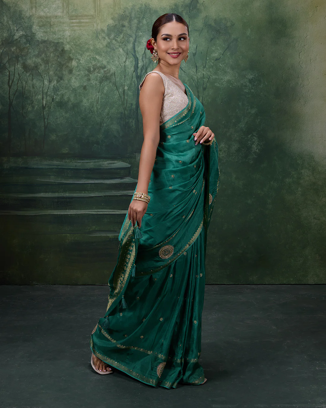 Teal Tribe Soft Silk Saree With Minimalist Embroidery - Image 3