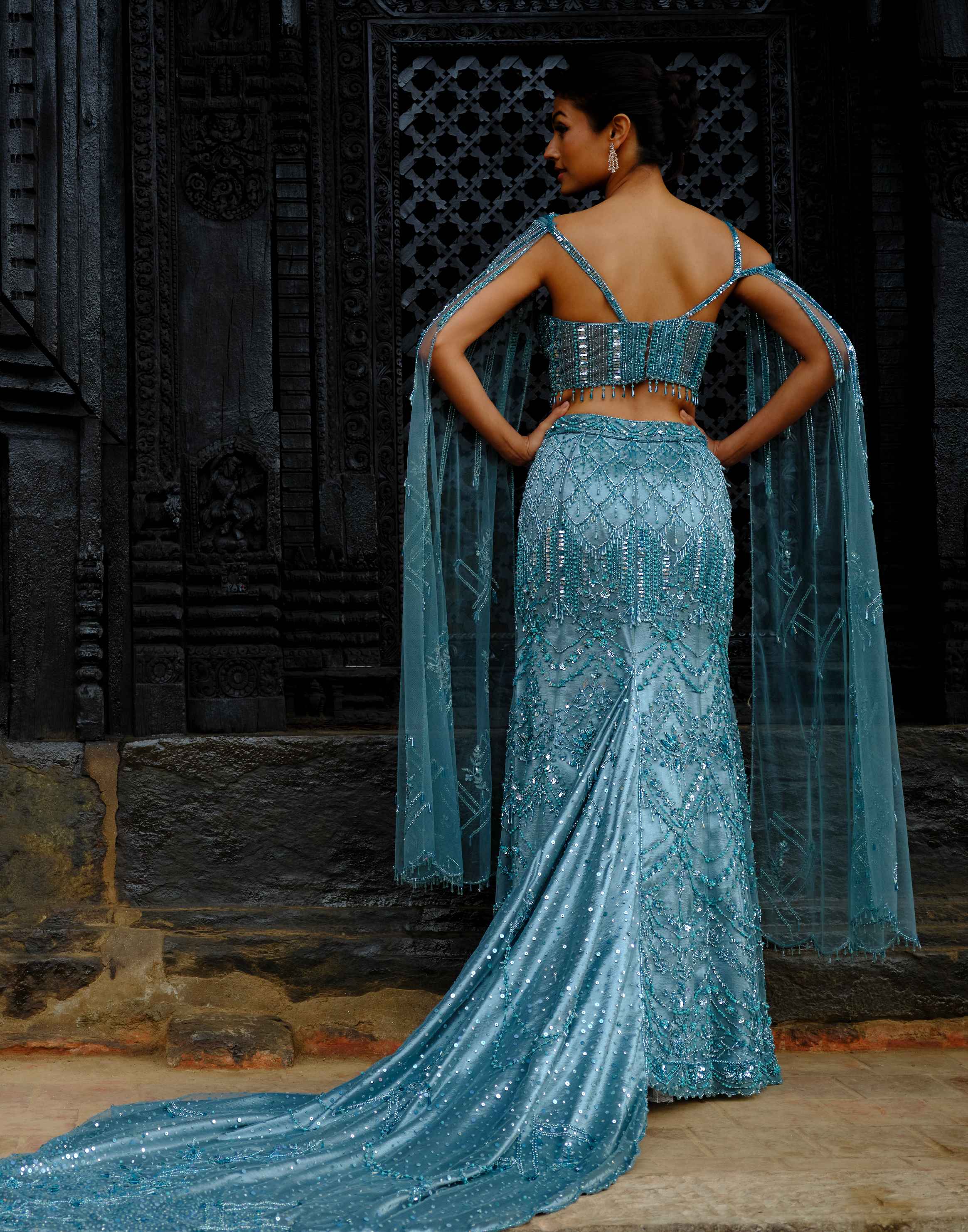 Teal Twilight Cocktail Lehenga With Slit - Image 3