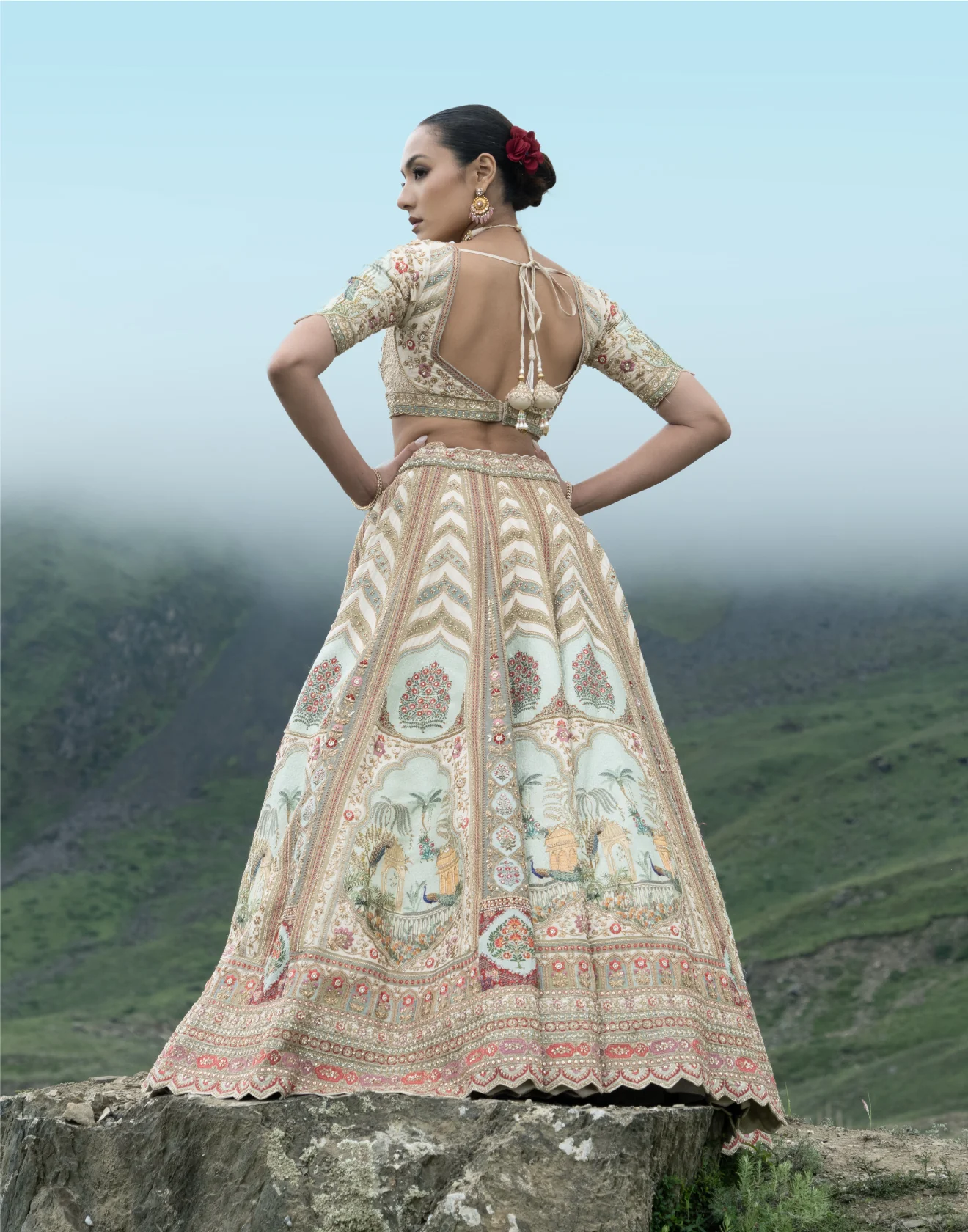 The Mughal Jharokha Print With Embroidery Bridal Lehenga - Image 4