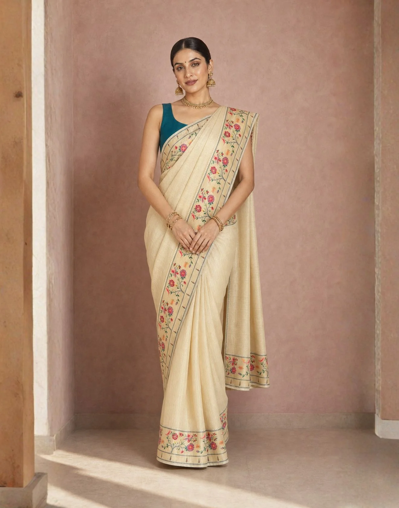 Timeless Golden Beige Blended Silk Meenakari Paithani Saree