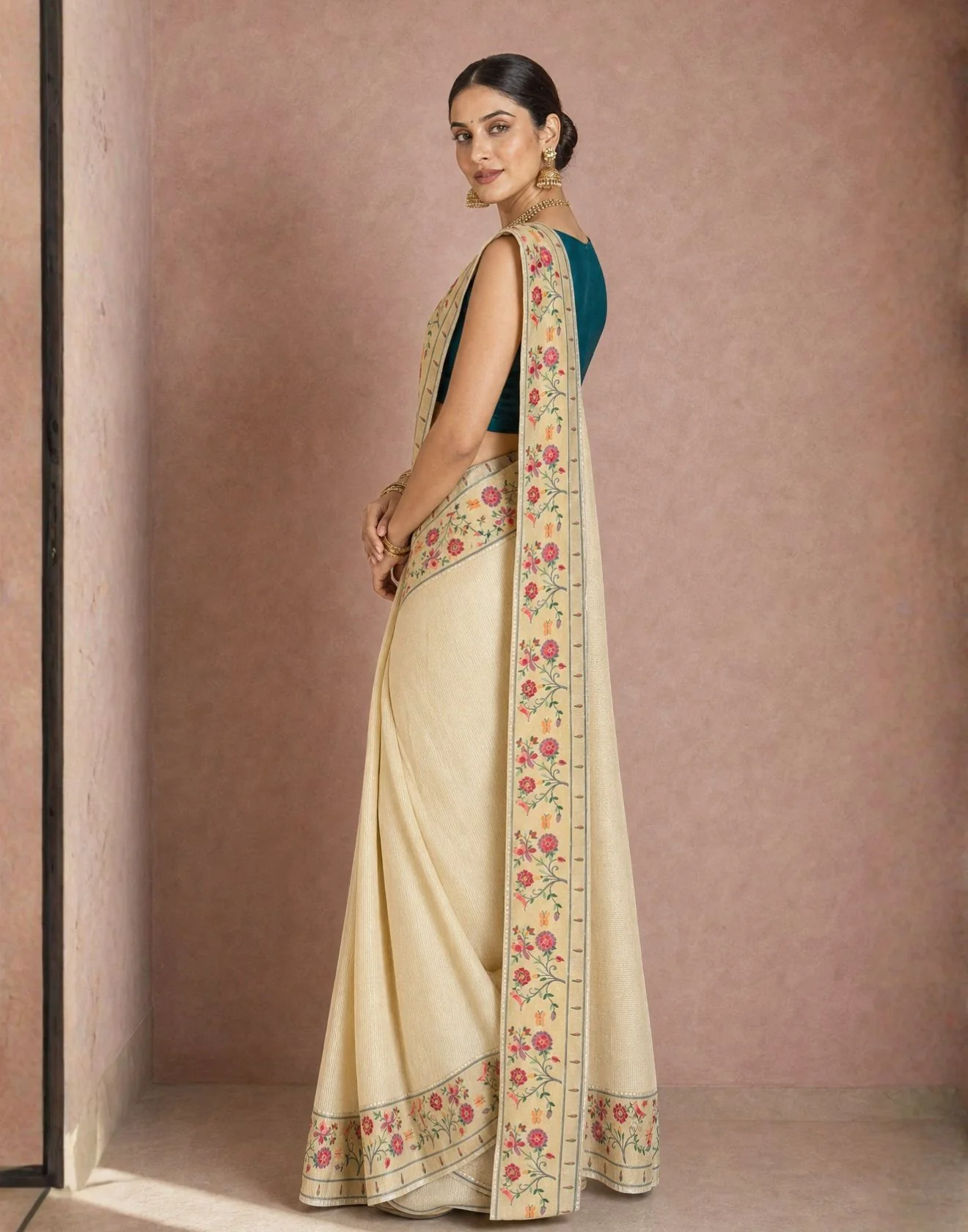 Timeless Golden Beige Blended Silk Meenakari Paithani Saree - Image 3
