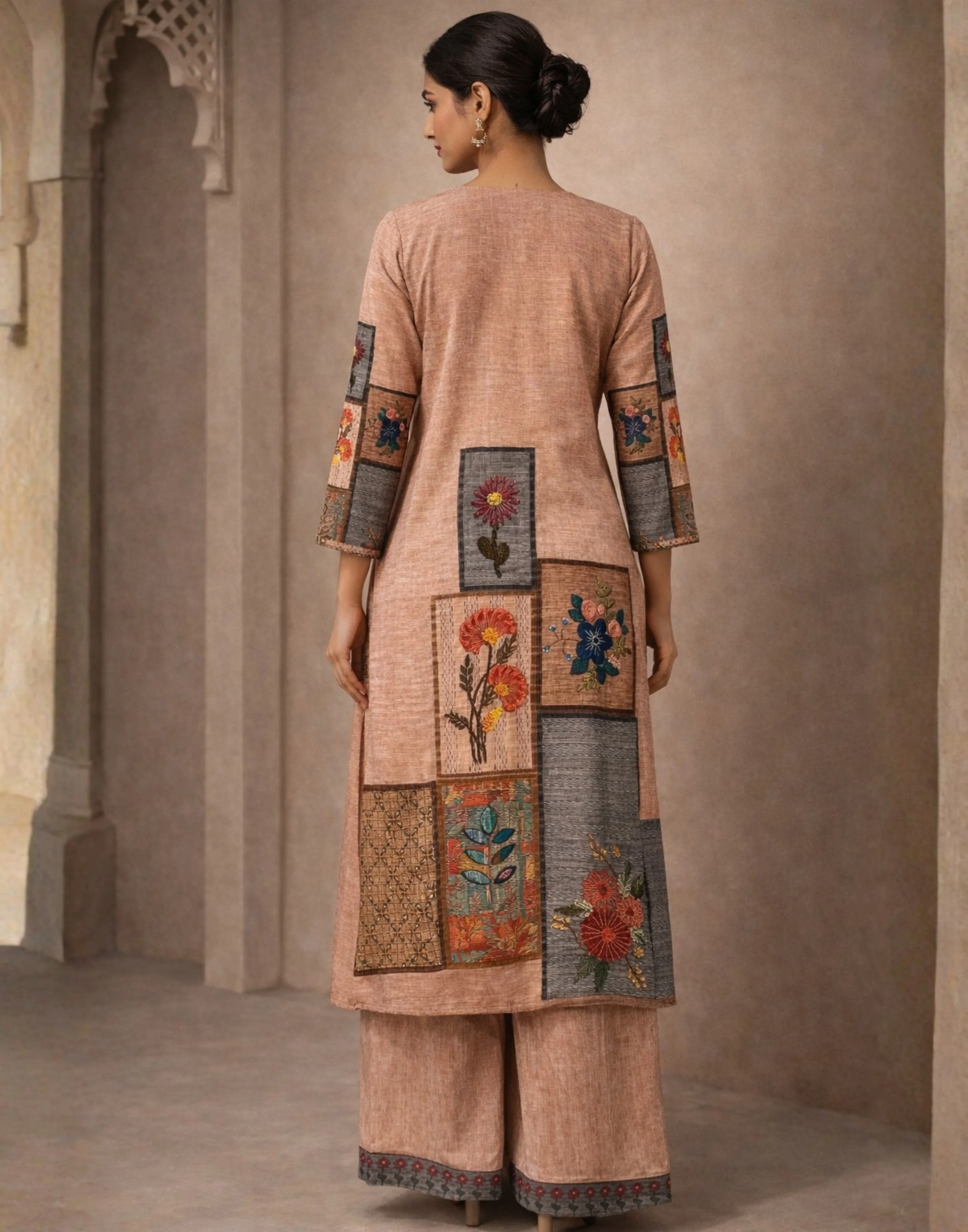 Timeless Taupe Printed Linen Kurta With Wide Leg Pant & Dupatta Set - Image 2