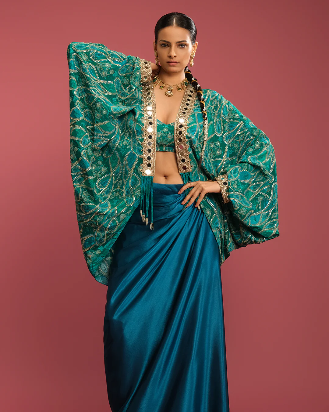 Turquoise Charm Printed Cowl Jacket With Satin Drape Skirt Set - Image 3