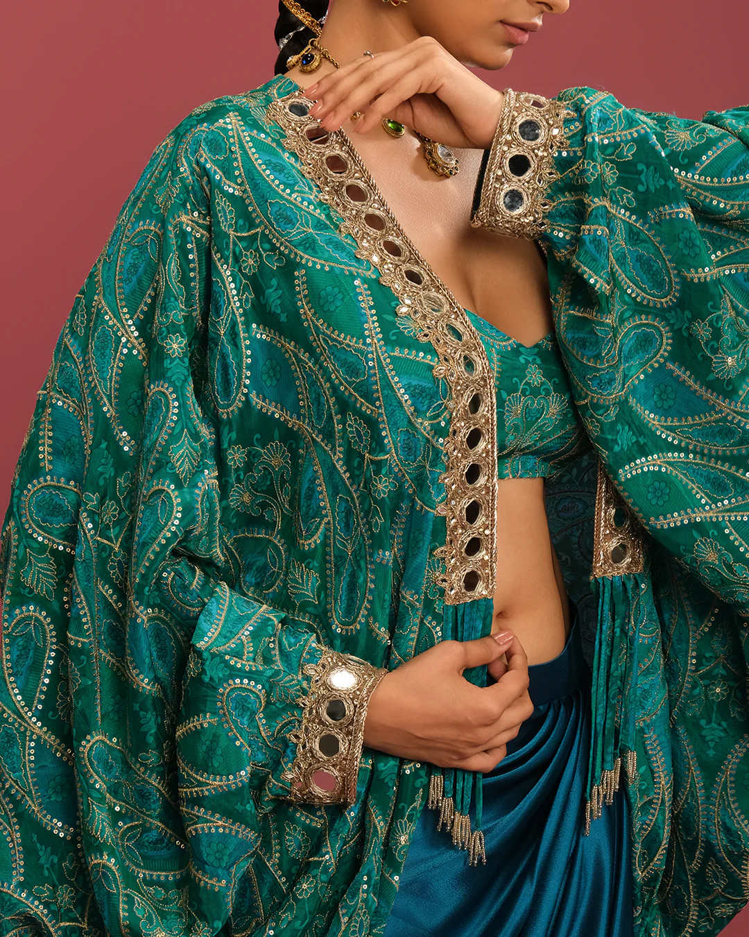 Turquoise Charm Printed Cowl Jacket With Satin Drape Skirt Set - Image 4