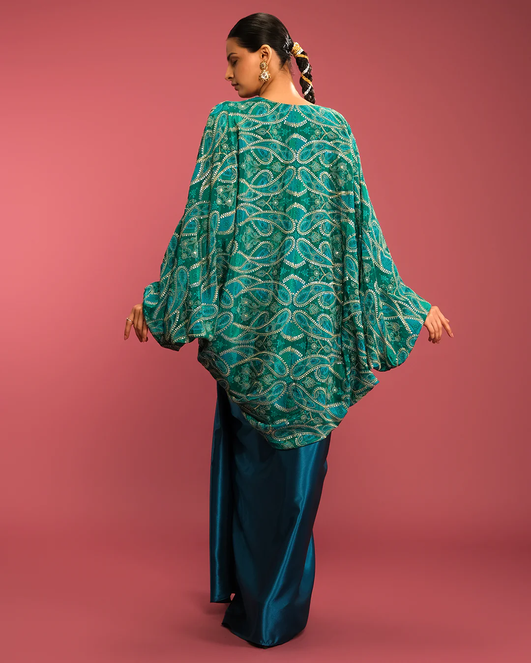 Turquoise Charm Printed Cowl Jacket With Satin Drape Skirt Set - Image 5