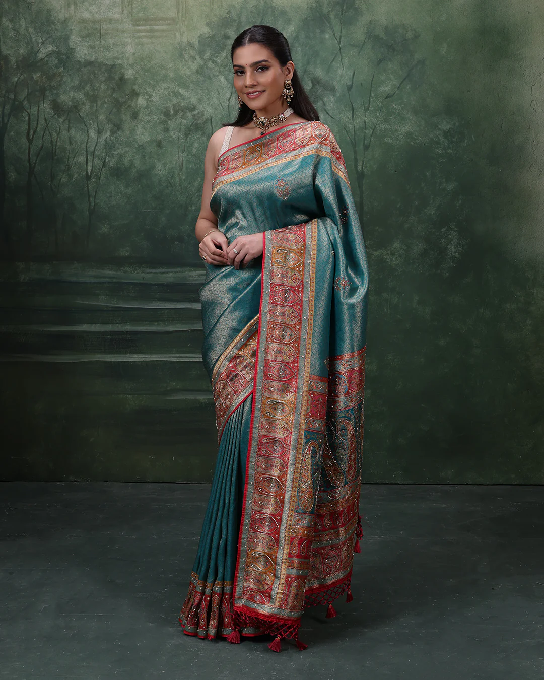 Turquoise Shimmer Silk Saree With Multicolor Embroidered Border And Unstitched Blouse Fabric - Image 2
