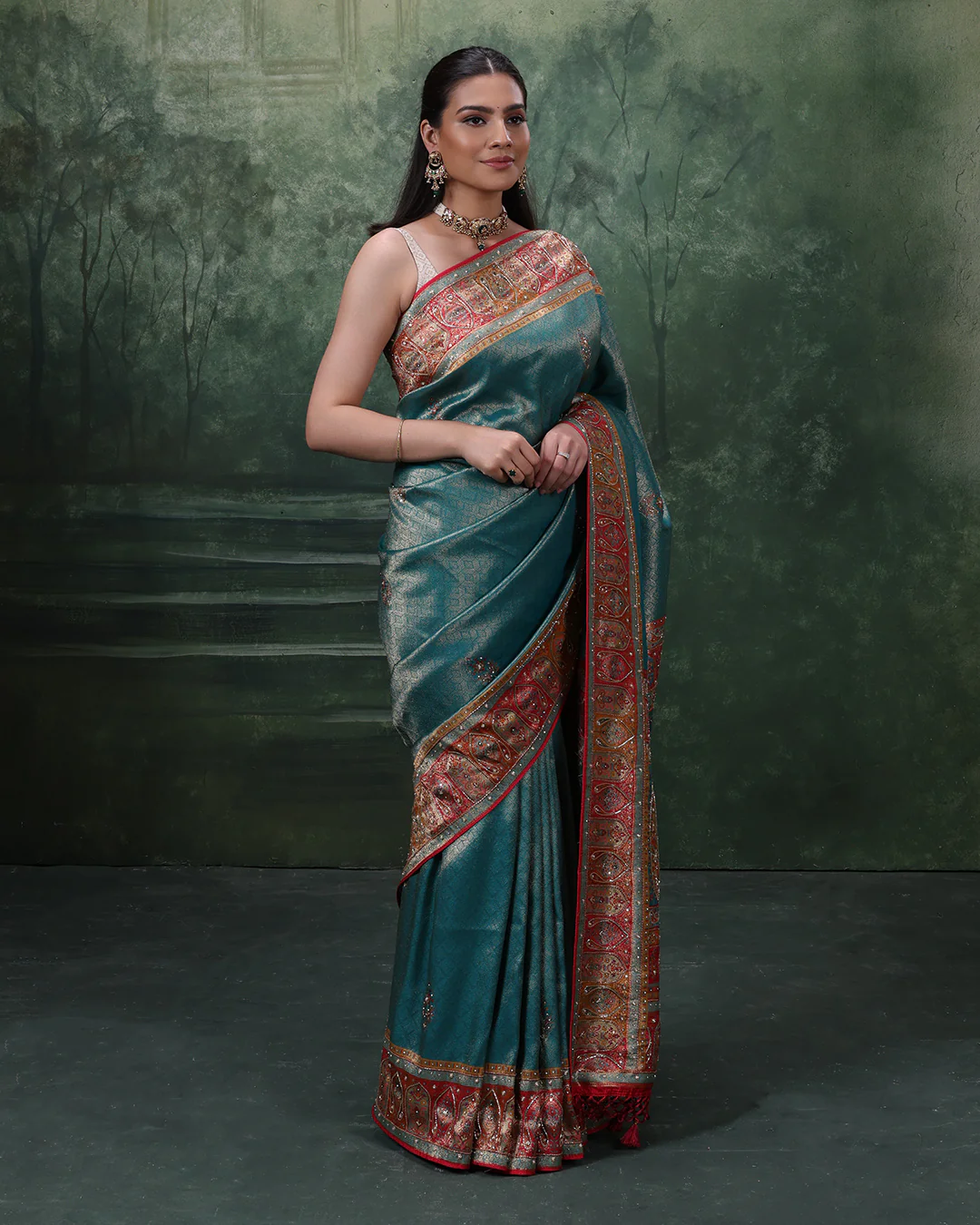 Turquoise Shimmer Silk Saree With Multicolor Embroidered Border And Unstitched Blouse Fabric - Image 3